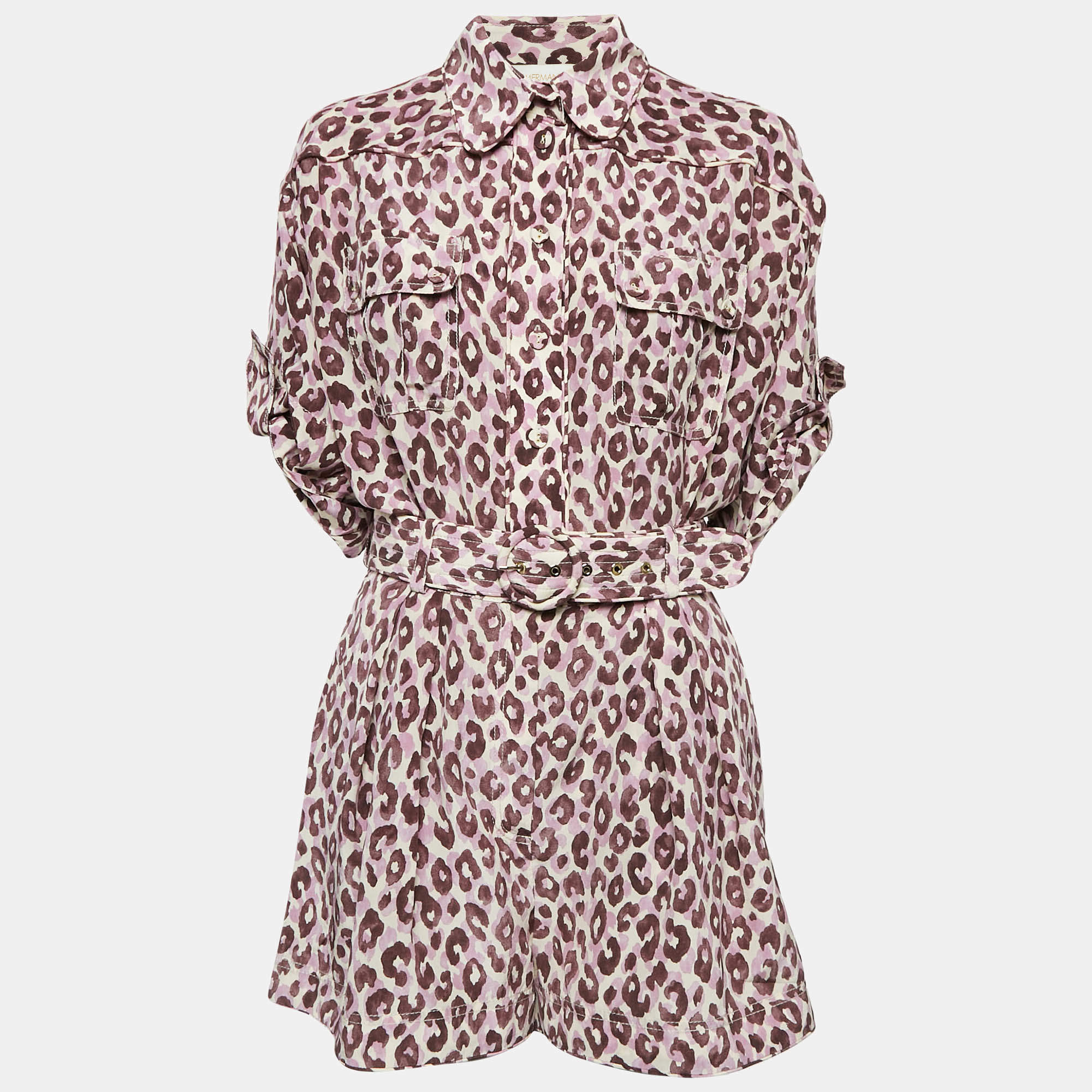 Zimmermann Purple Leopard Print Silk Shirt and Shorts Set M/L