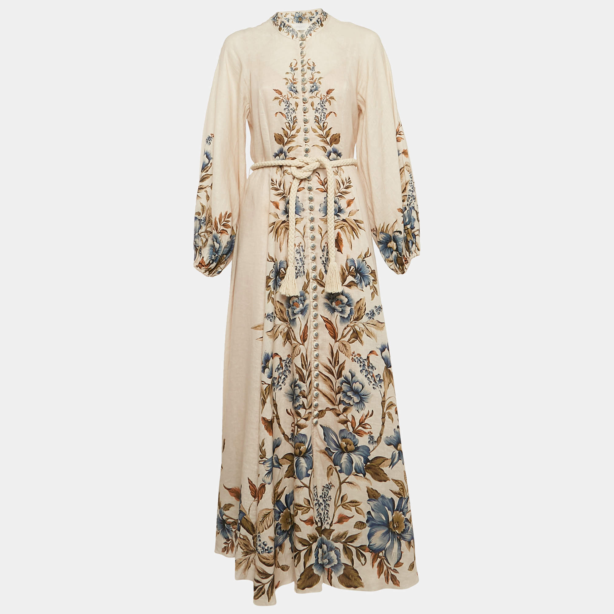 Pre Owned Zimmermann Beige Floral Print Linen Button Front Maxi Dress M