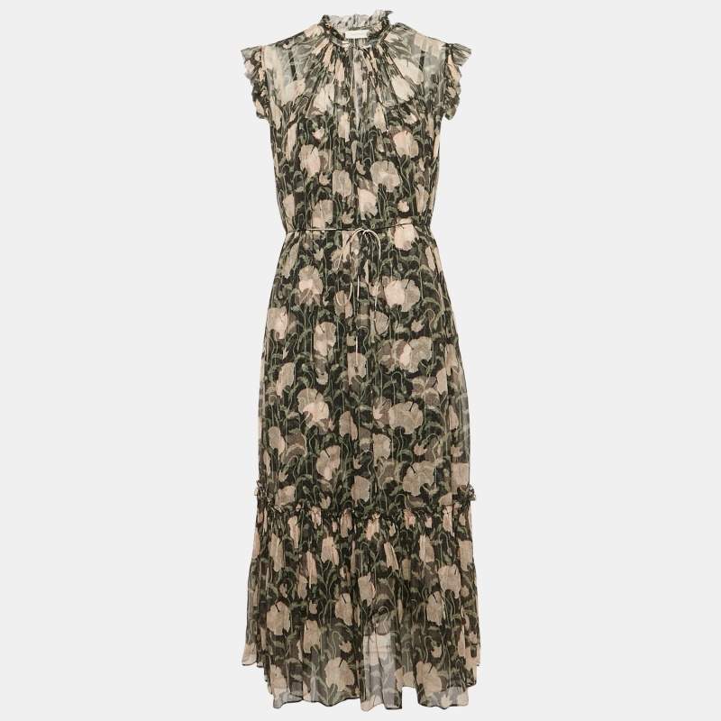 Pre Owned Zimmermann Black Floral Print Silk Flounce Midi Dress L