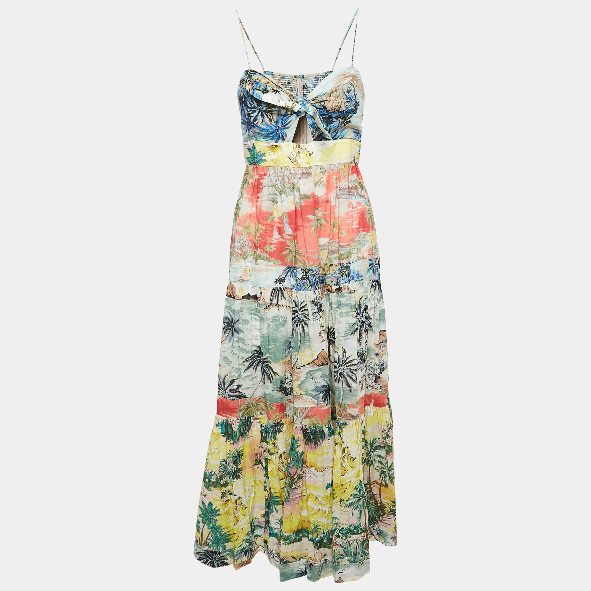 Pre Owned Zimmermann Multicolor Printed Cotton Neck Tie-Up Tiered Maxi Dress L