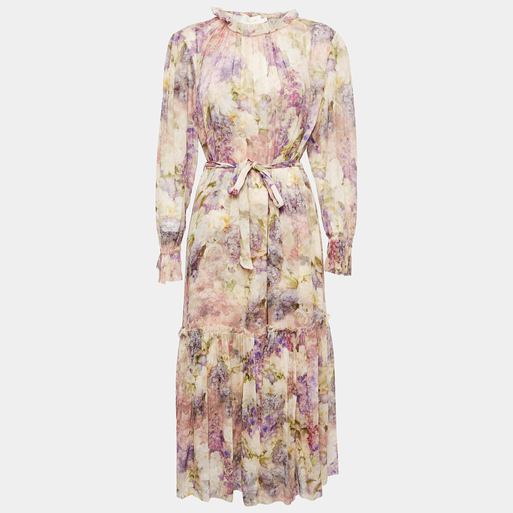 Pre Owned Zimmermann Pink Hydrangea Print Chiffon Tiered Midi Dress L