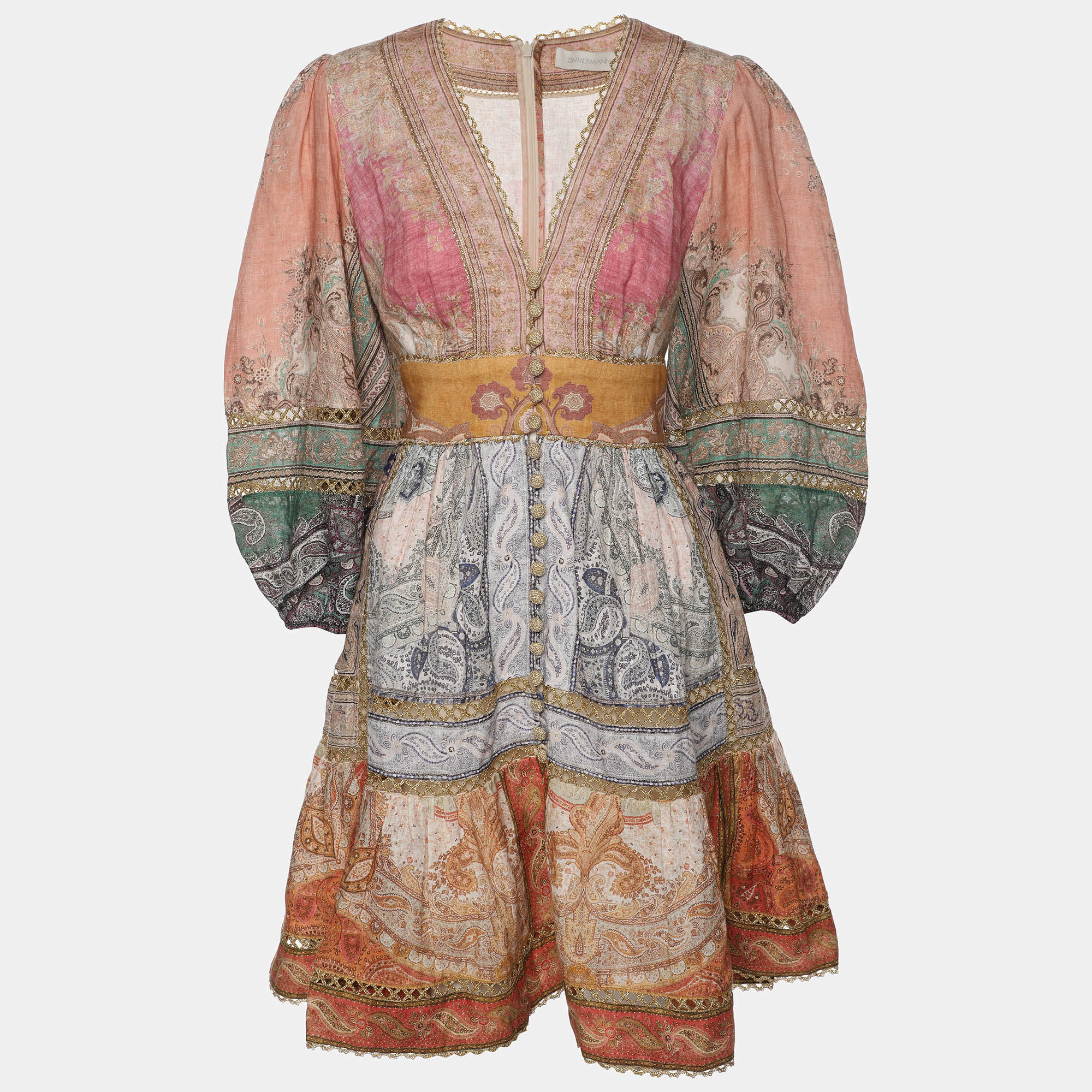 Pre Owned Zimmermann Multicolor Linen Anneke Lantern Mini Dress M