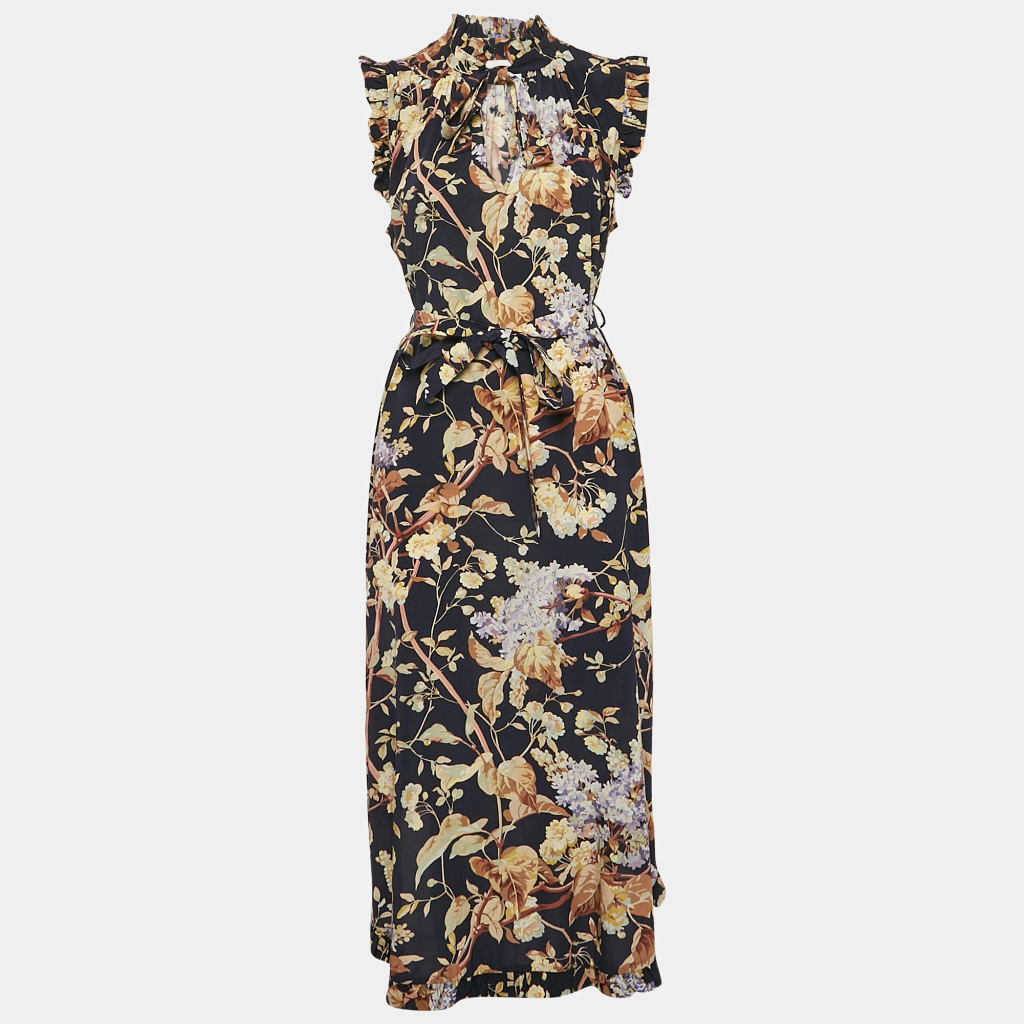 Pre Owned Zimmermann Navy Blue Floral Print Silk Ruffled Midi Dress M