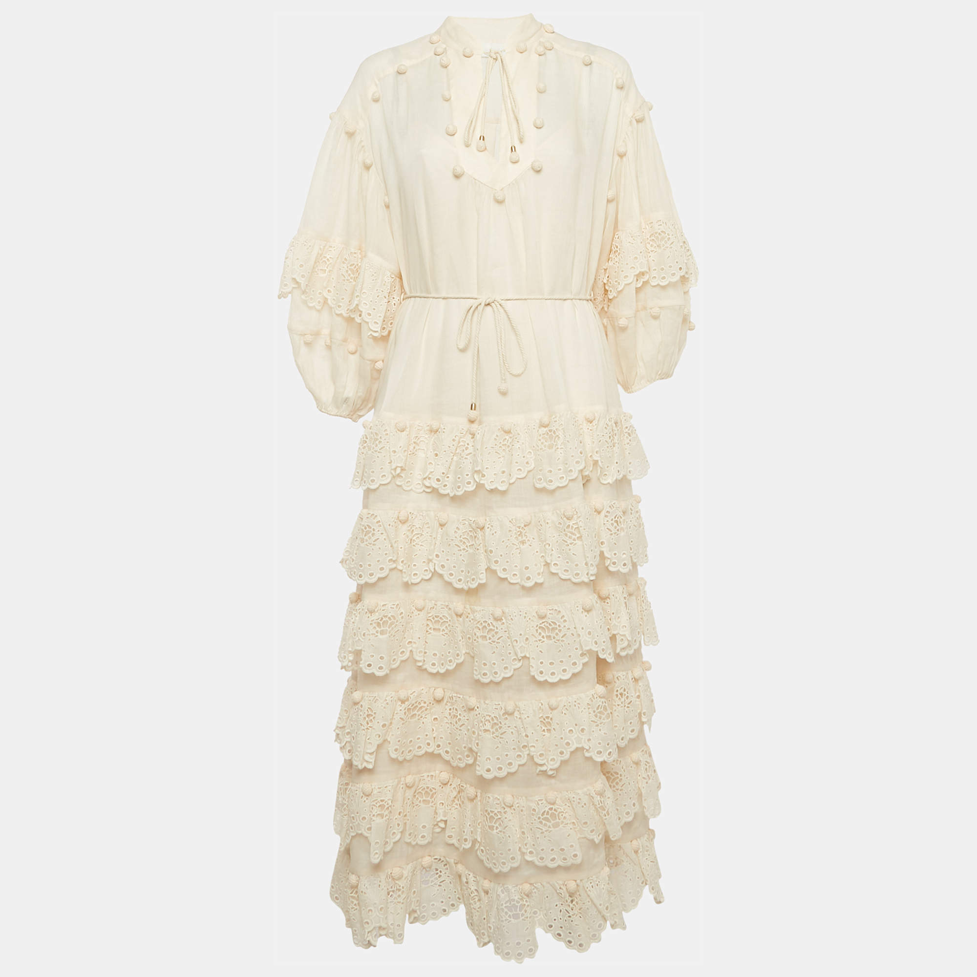 Zimmermann Cream Ramie Broderie Anglaise Tiered Midi Dress M