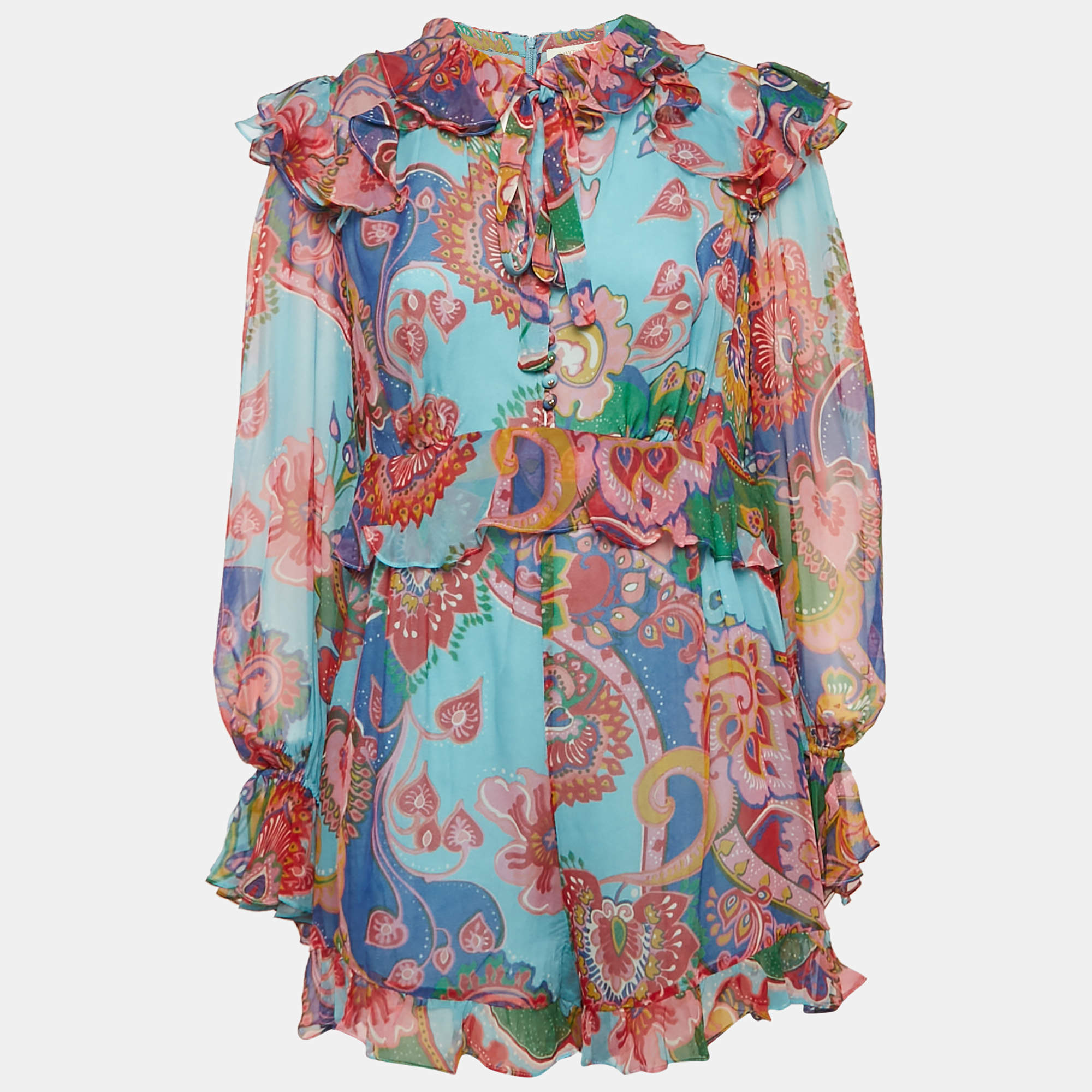 Pre Owned Zimmermann Blue Floral Print Silk Chiffon Ruffled Playsuit L