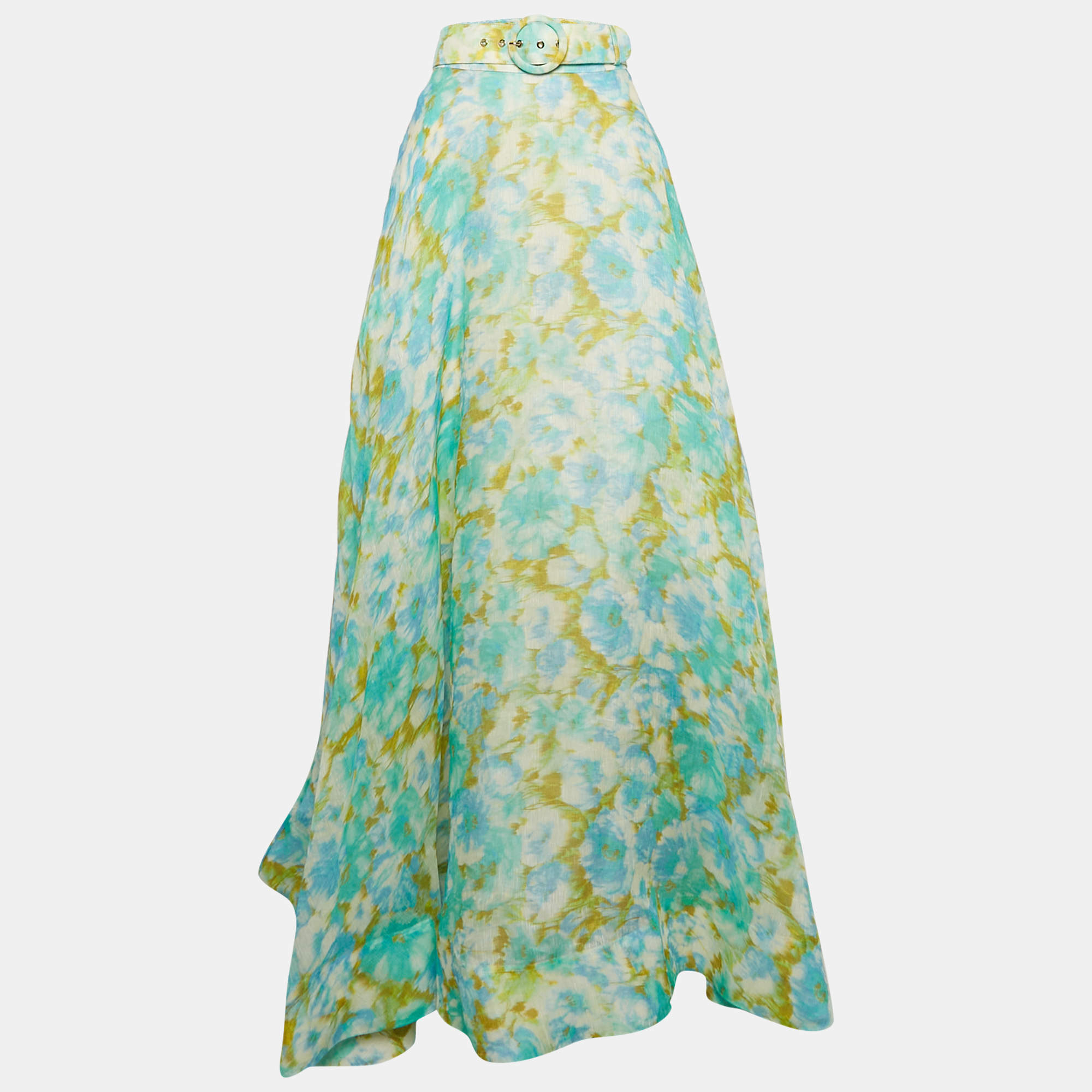Pre Owned Zimmermann Blue Abstract Floral Print Linen Blend High-Tide Maxi Skirt L