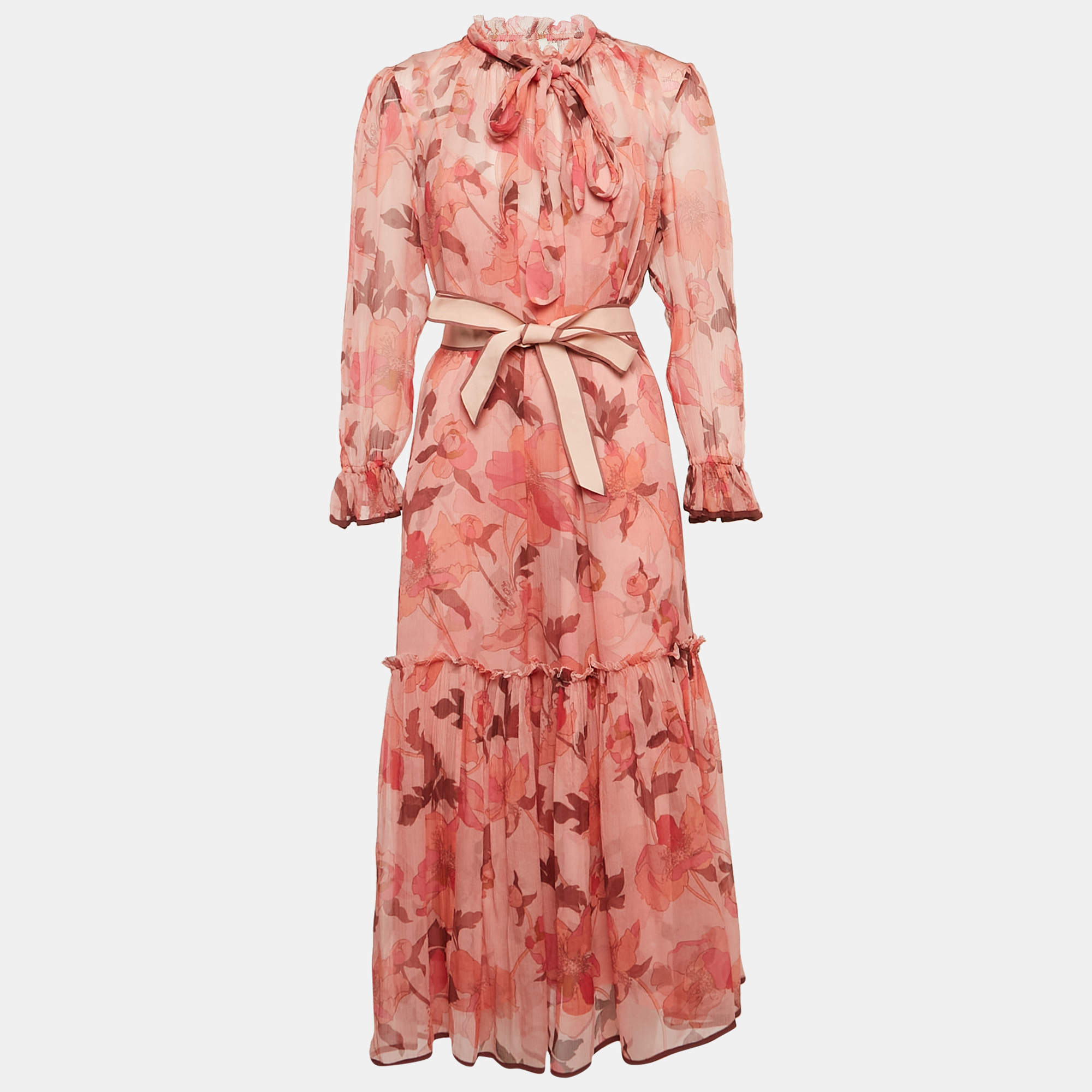 Pre Owned Zimmermann Pink Floral Print Chiffon Silk Ruffled Midi Dress L