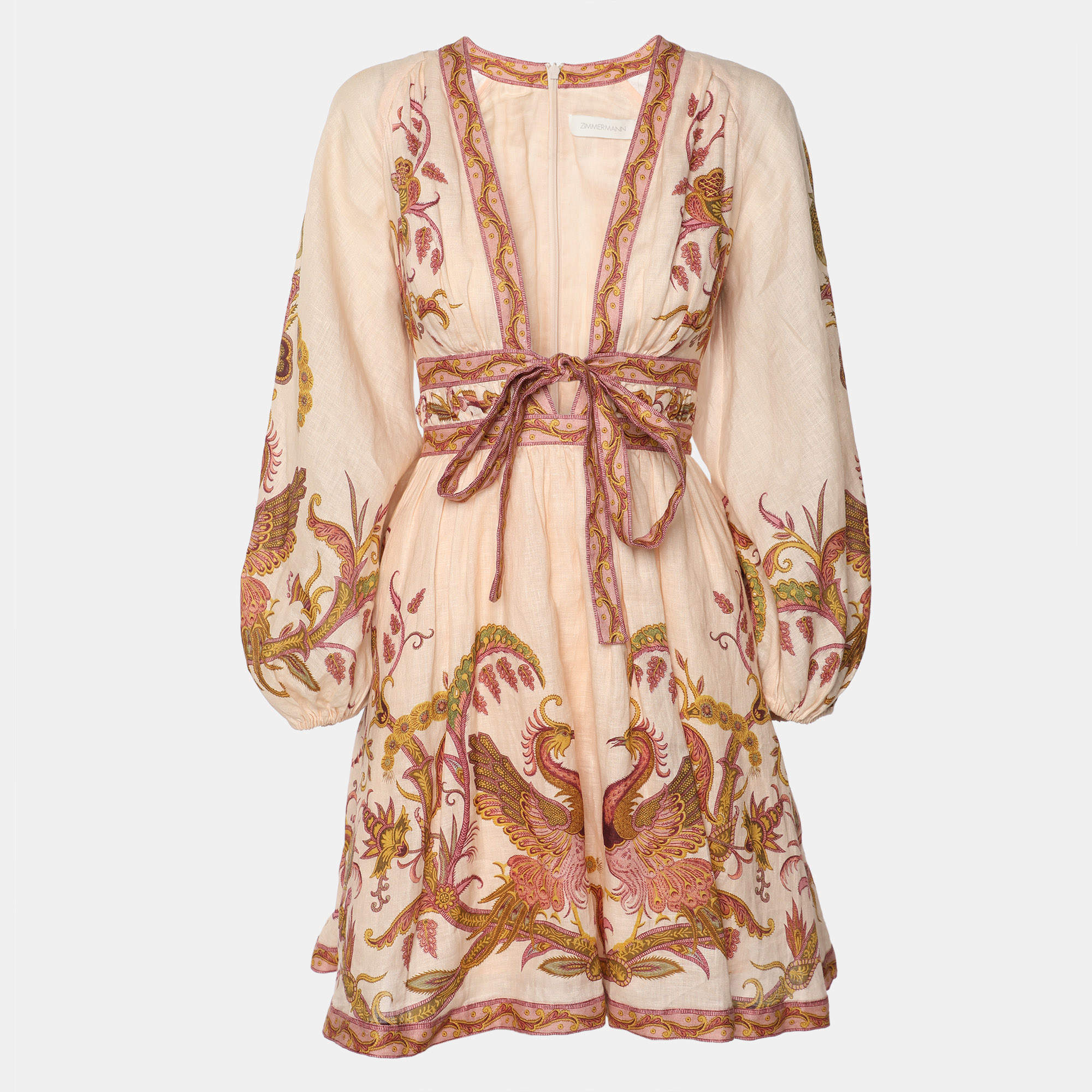 مملوكة مسبقًا Zimmermann Multicolor Linen Lantern Belted Mini Dress S