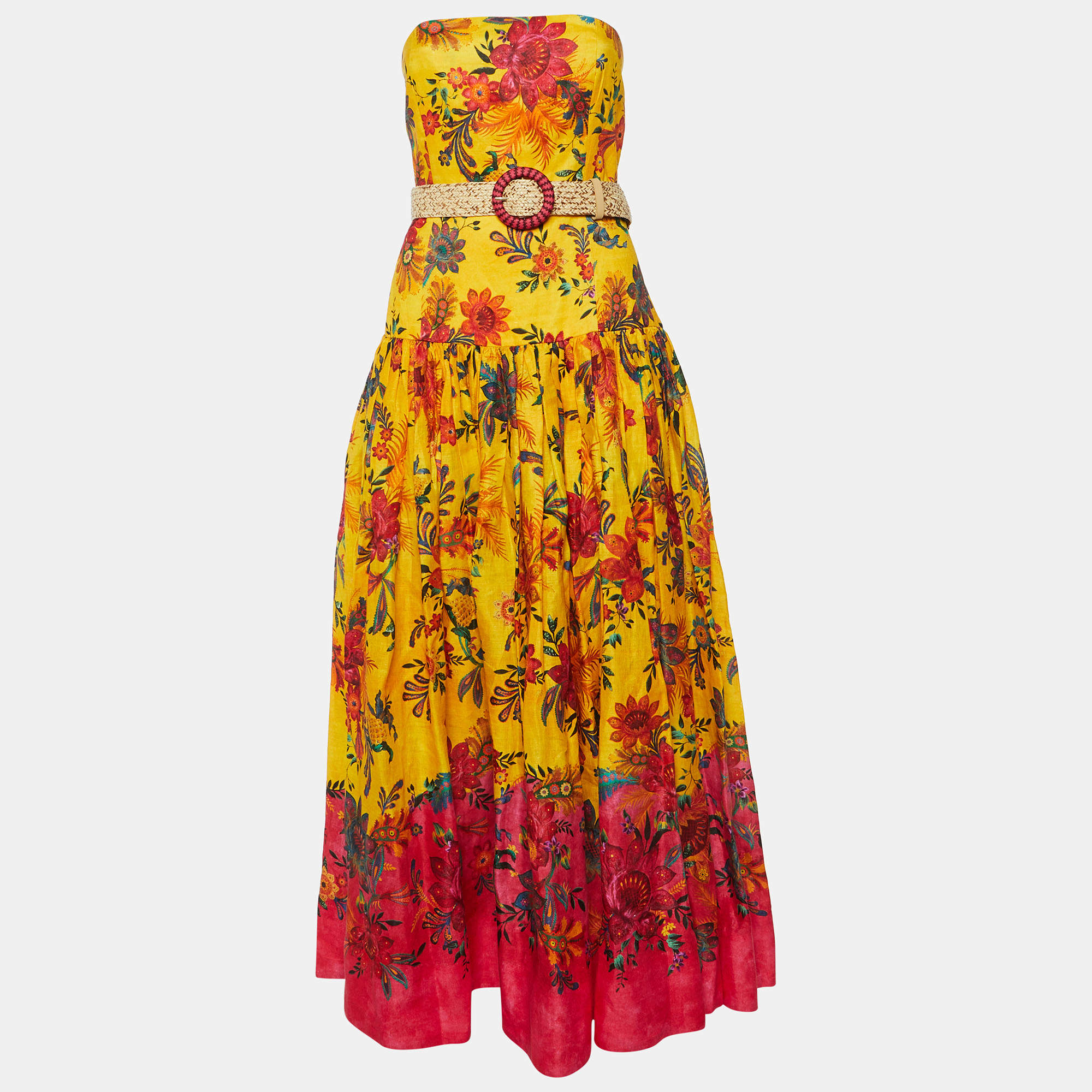 مملوكة مسبقًا Zimmermann Yellow Floral Print Linen Ginger Strapless Long Dress L
