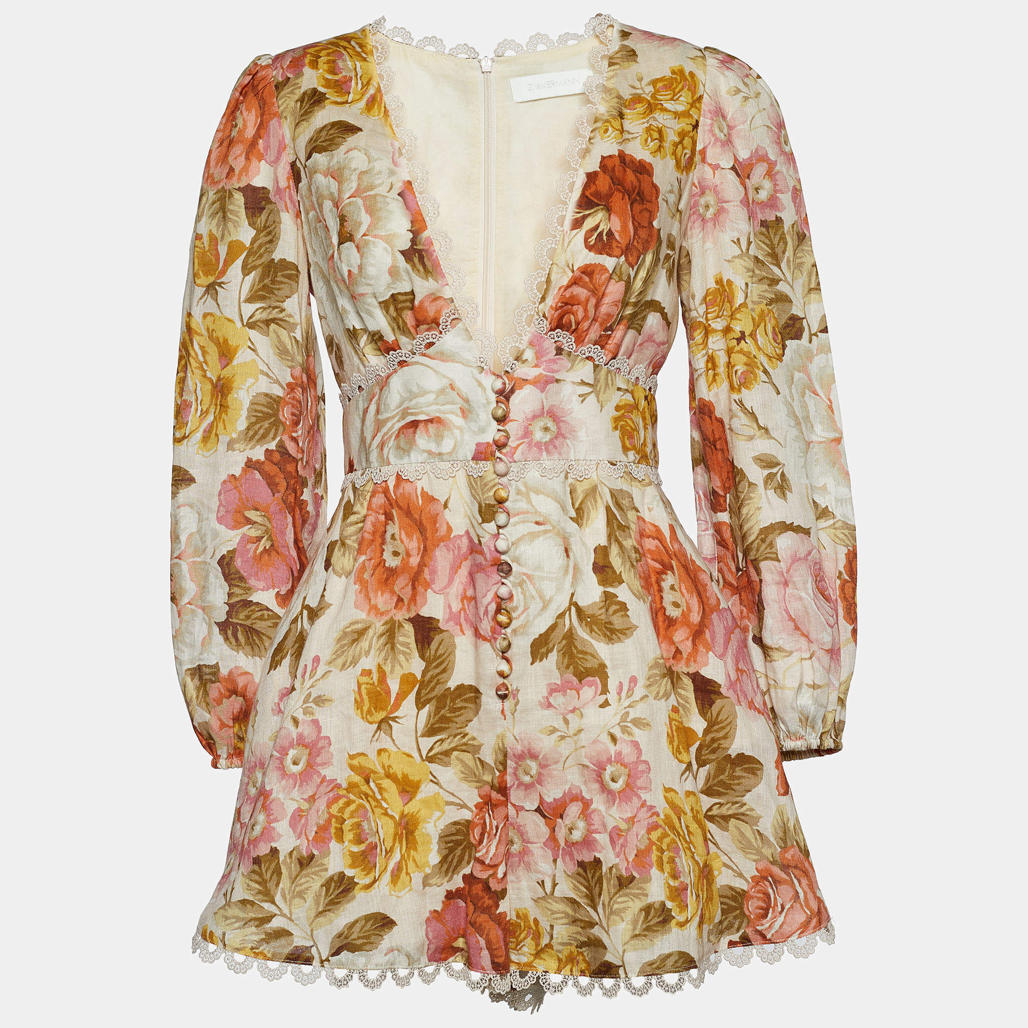 Zimmermann Beige Floral Print Lace Trimmed V-Neck Heathers Playsuit M
