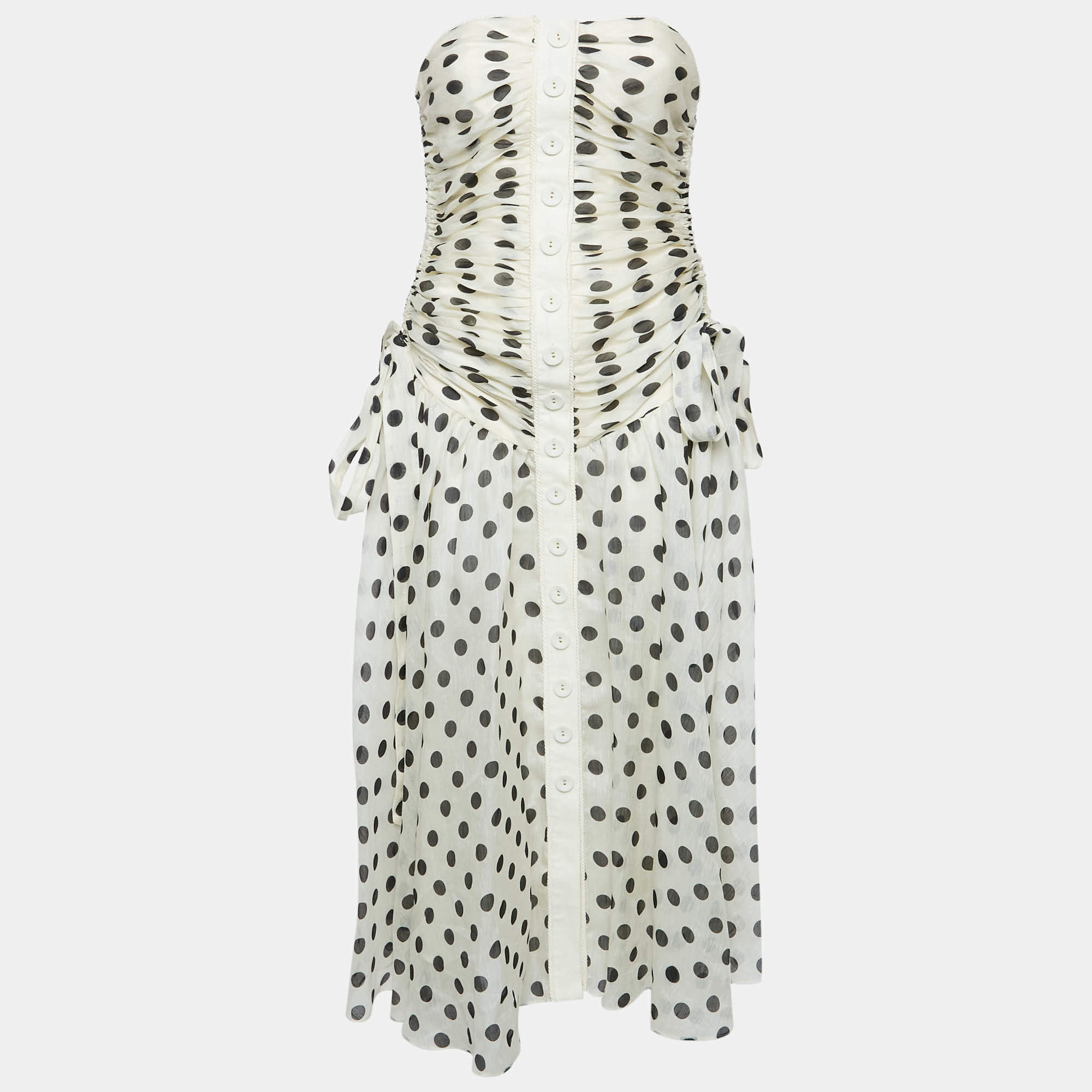 Pre Owned Zimmermann Off-White Polka Dot Print Ruched Strapless Maxi Dress S