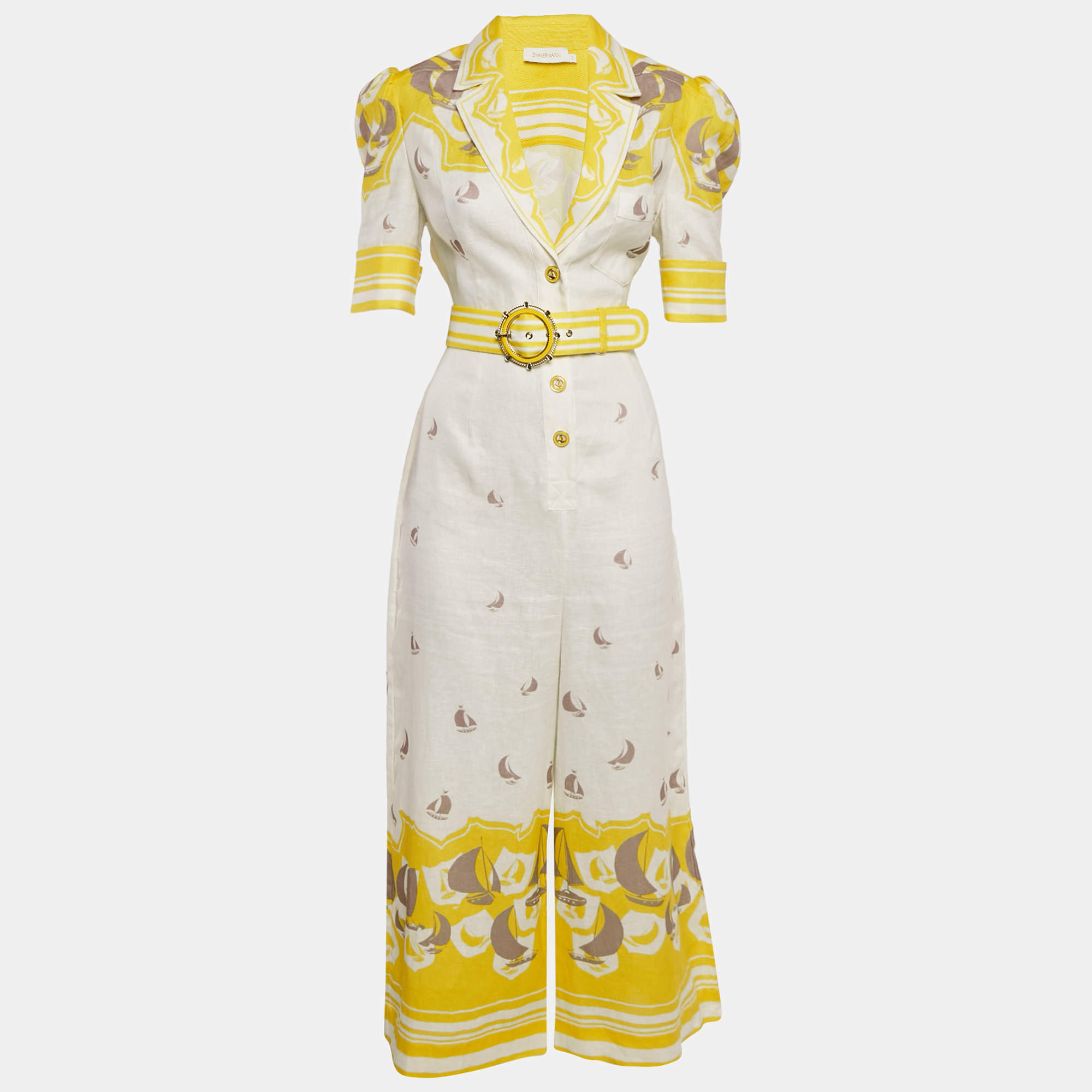 Zimmermann White/Yellow Sail Boat Print Linen Jumpsuit M