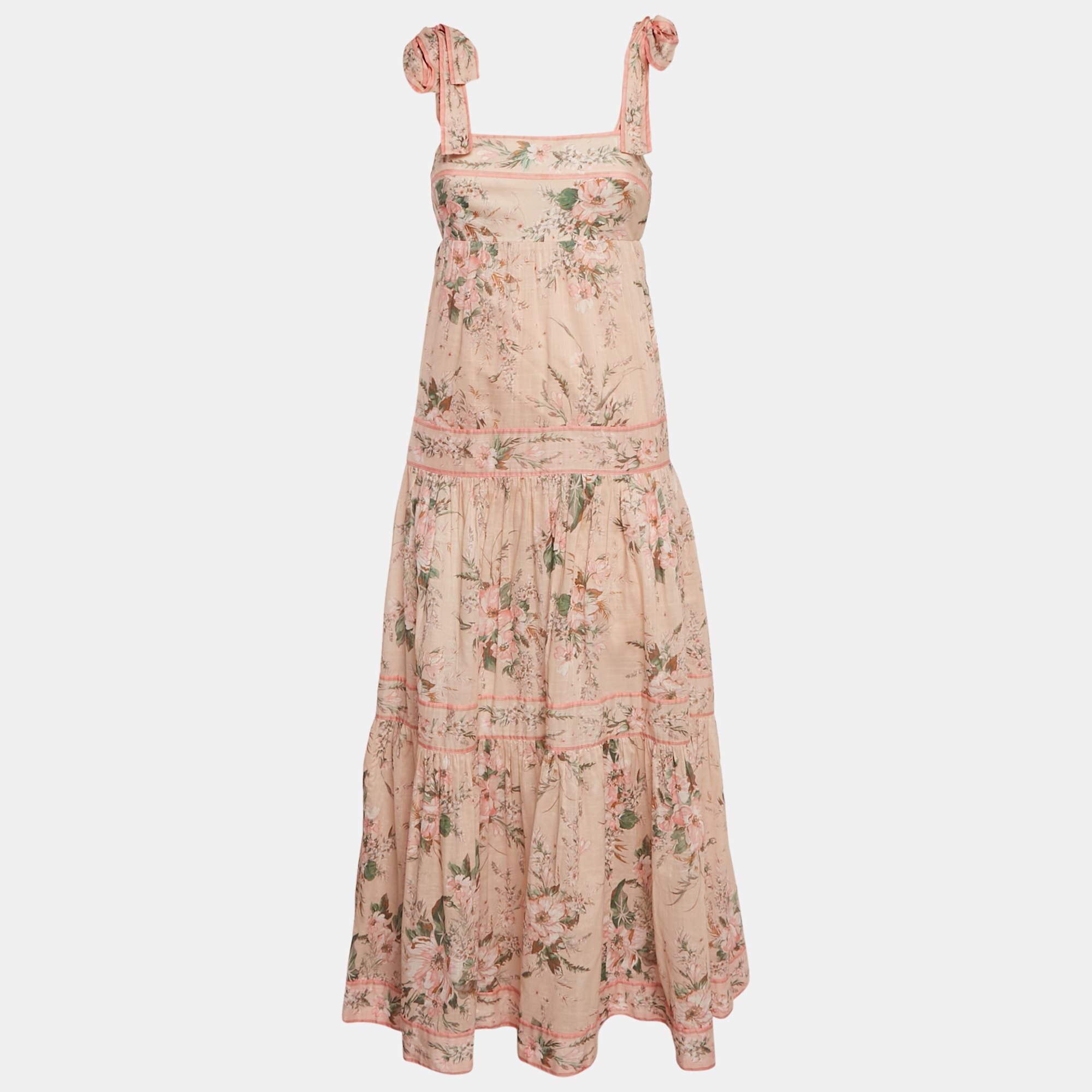 Pre Owned Zimmermann Pink Floral Print Cotton Flounce Maxi Dress S