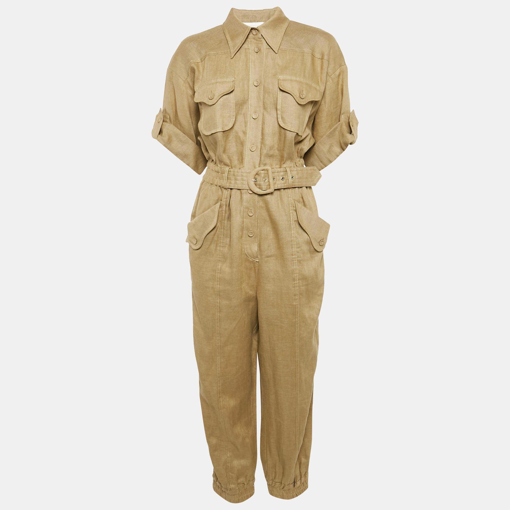 Pre Owned Zimmermann Olive Green Linen Belt Detail Cargo Jumpsuit M