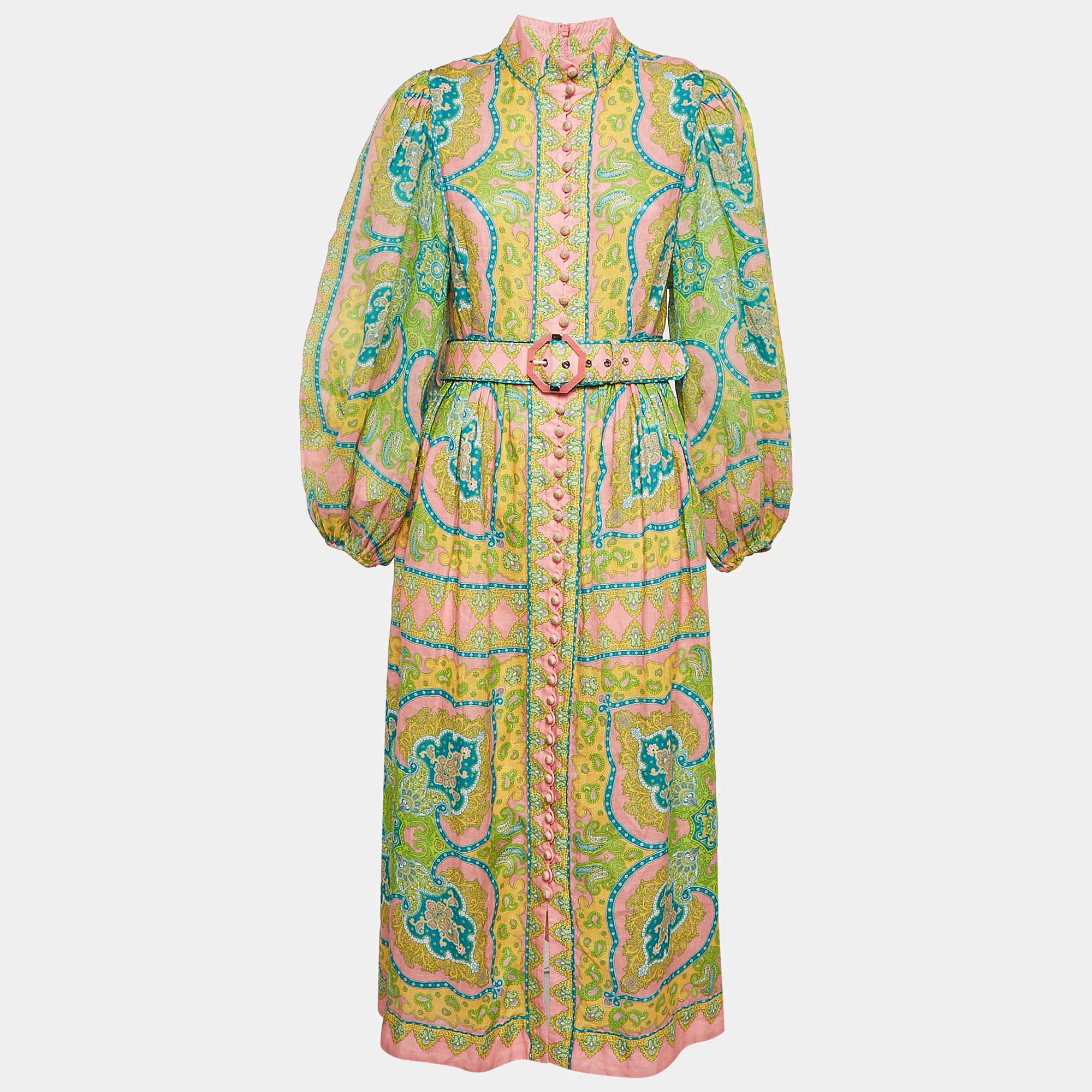 مملوكة مسبقًا Zimmermann Multicolor Printed Linen Belted Midi Dress M