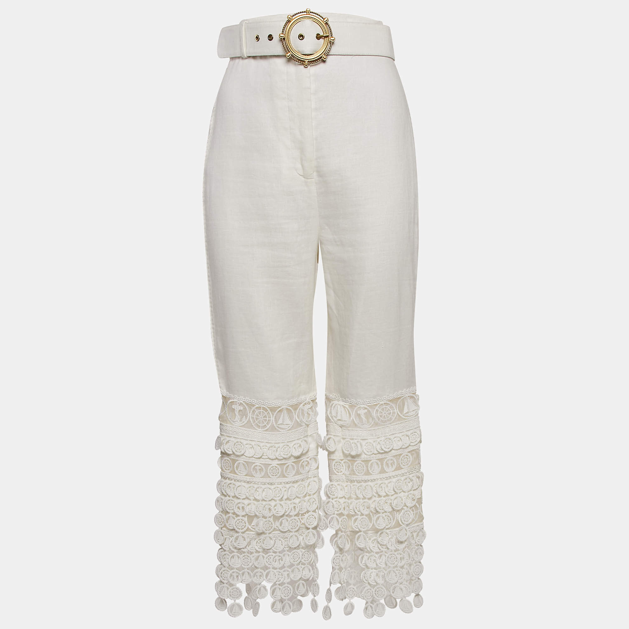 Zimmermann White Linen Lace Trimmed High Tide Nautical Pants L