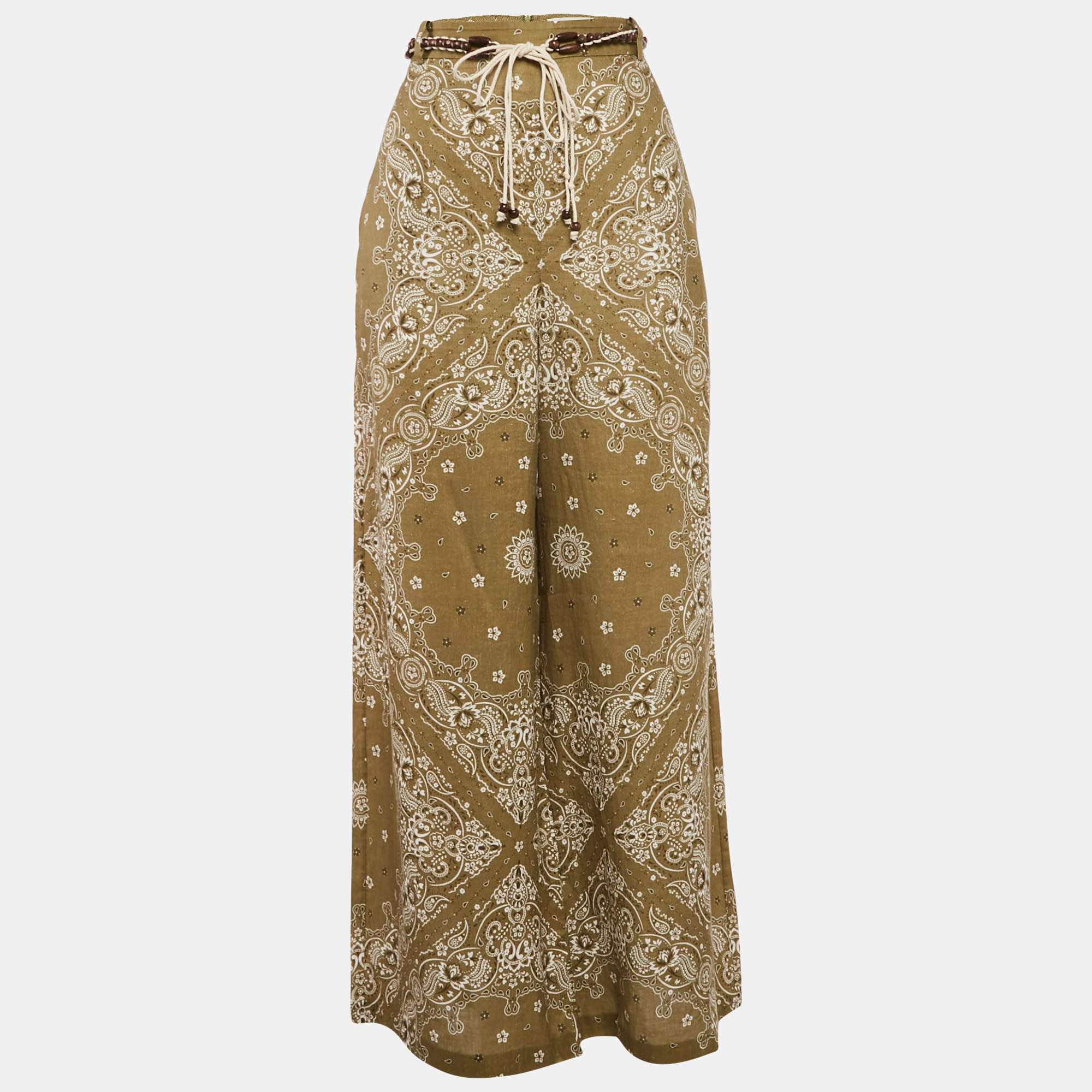 Pre Owned Zimmermann Green Printed Linen Palazzo Pants M