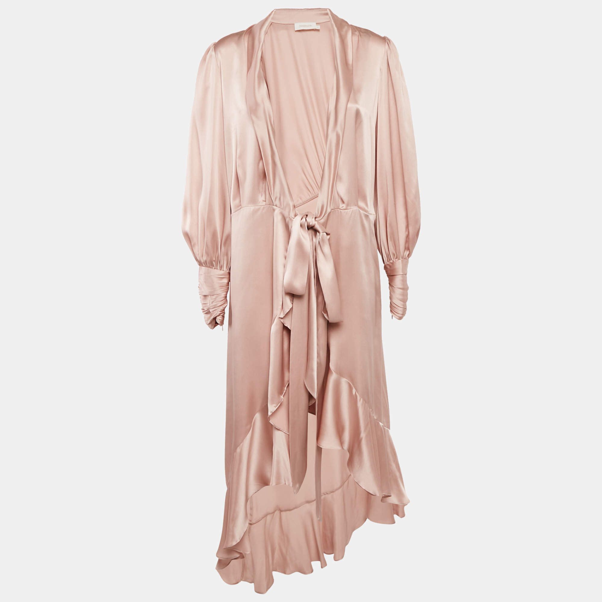 Pre Owned Zimmermann Pink Satin Silk Ruffled Wrap Dress M