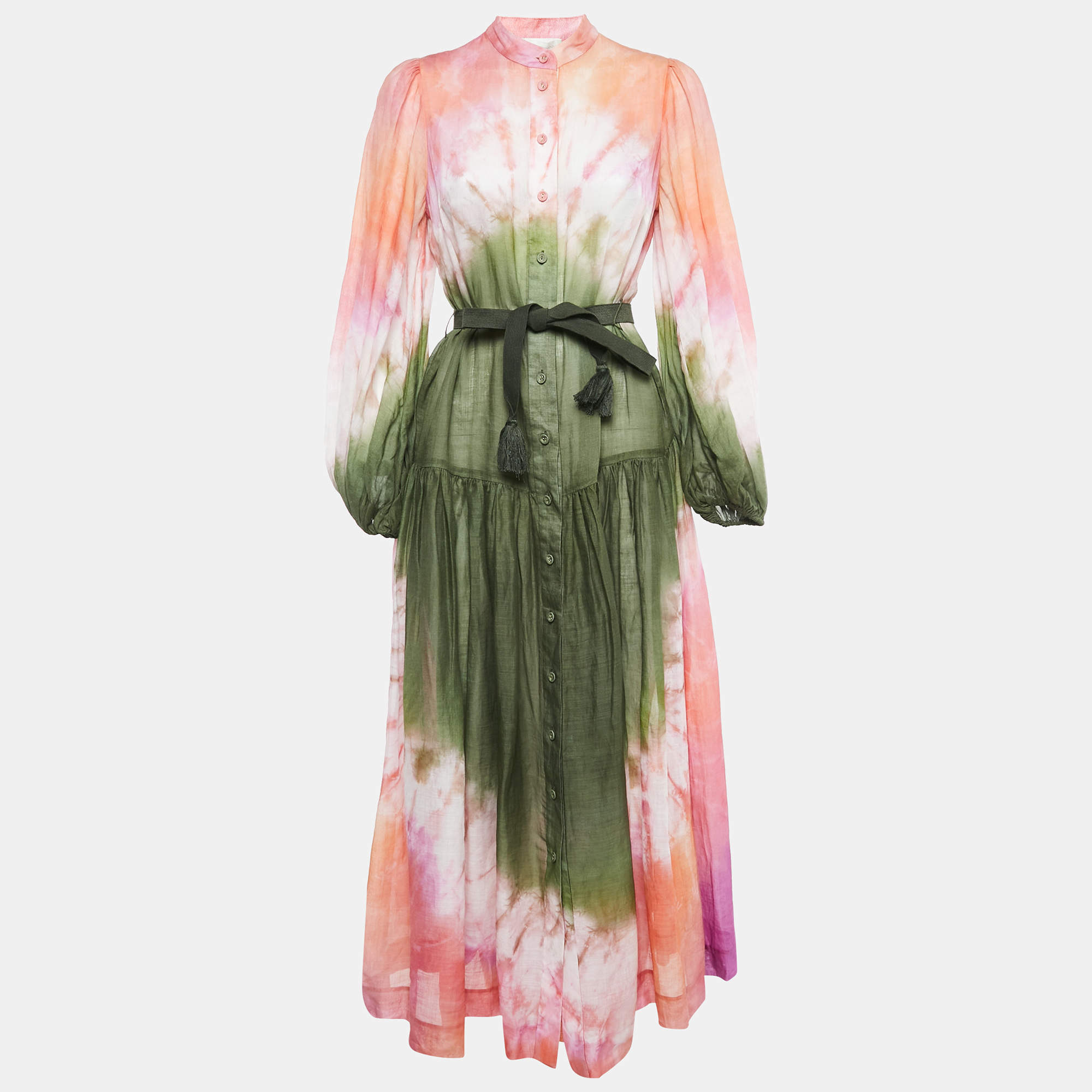مملوكة مسبقًا Zimmermann Multicolor Tie-Dye Print Ramie Button Front Maxi Dress S