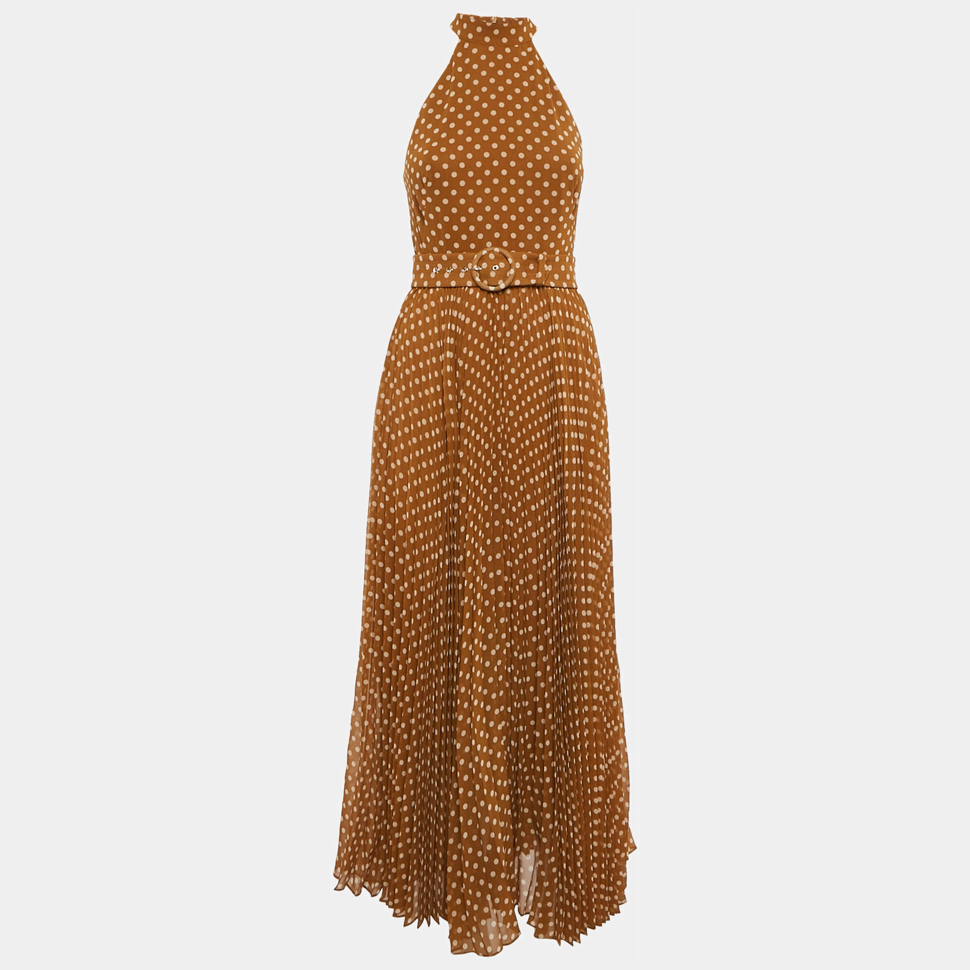مملوكة مسبقًا Zimmermann Brown Polka Dot Print Crepe Pleated Halter Neck Long Dress XS