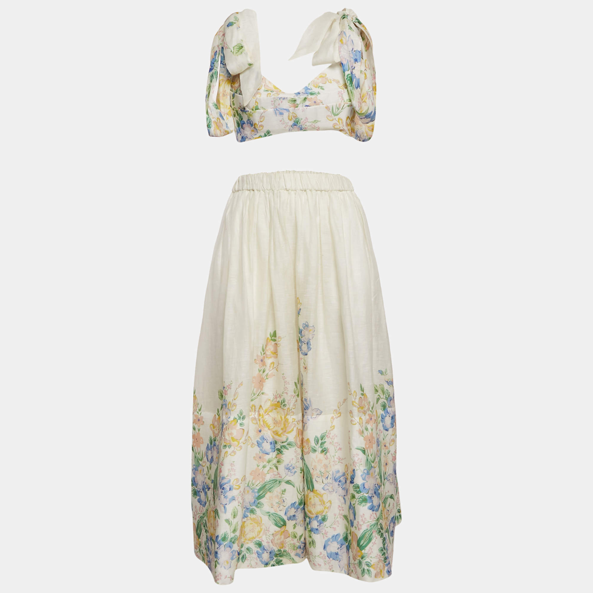 Zimmermann White Floral Print Linen Blend Top and Skirt Set M
