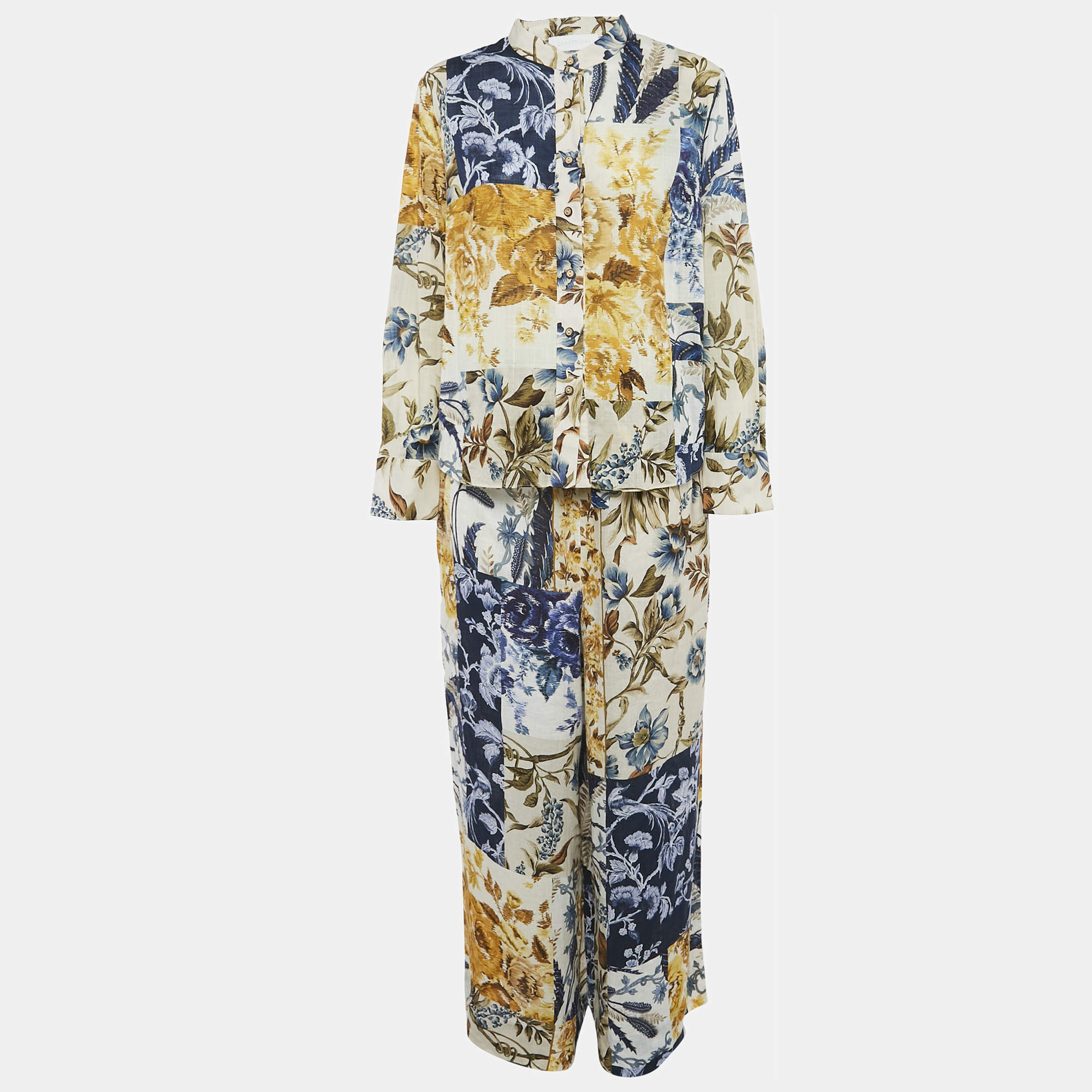 Zimmermann Yellow/Blue Aliane Print Cotton/Linen Shirt and Pants Set L