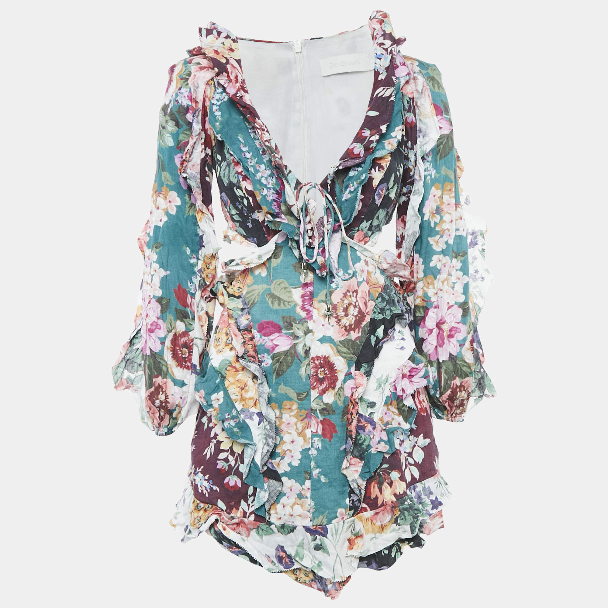 Pre Owned Zimmermann Green/Burgundy Floral-print Linen Allia Cutout Ruffled Mini Dress M