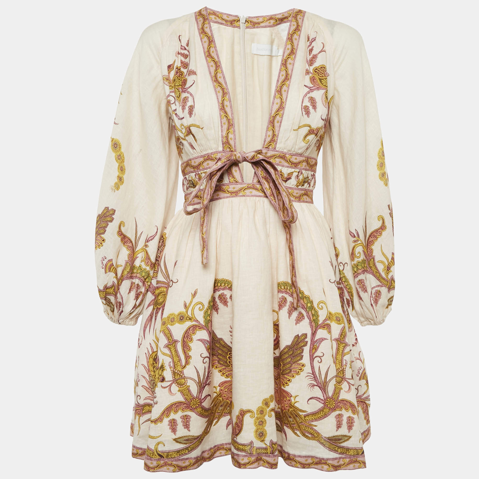 Pre Owned Zimmermann Cream Floral Print Linen Cassia Plunge Bow Mini Dress M