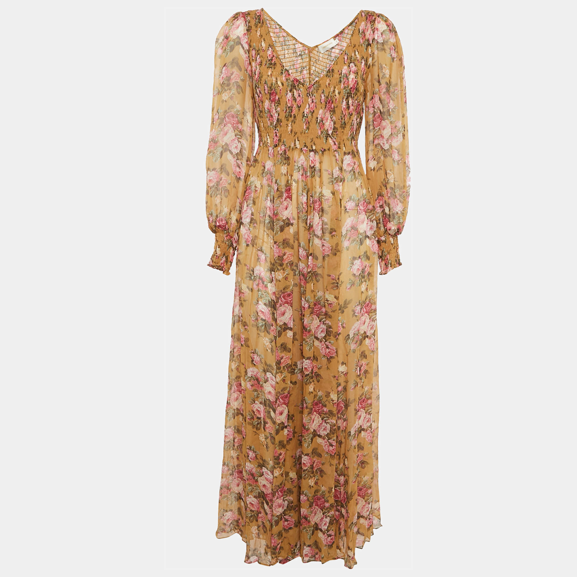 Pre Owned Zimmermann Mustard Yellow Floral Print Smocked Maxi Dress L