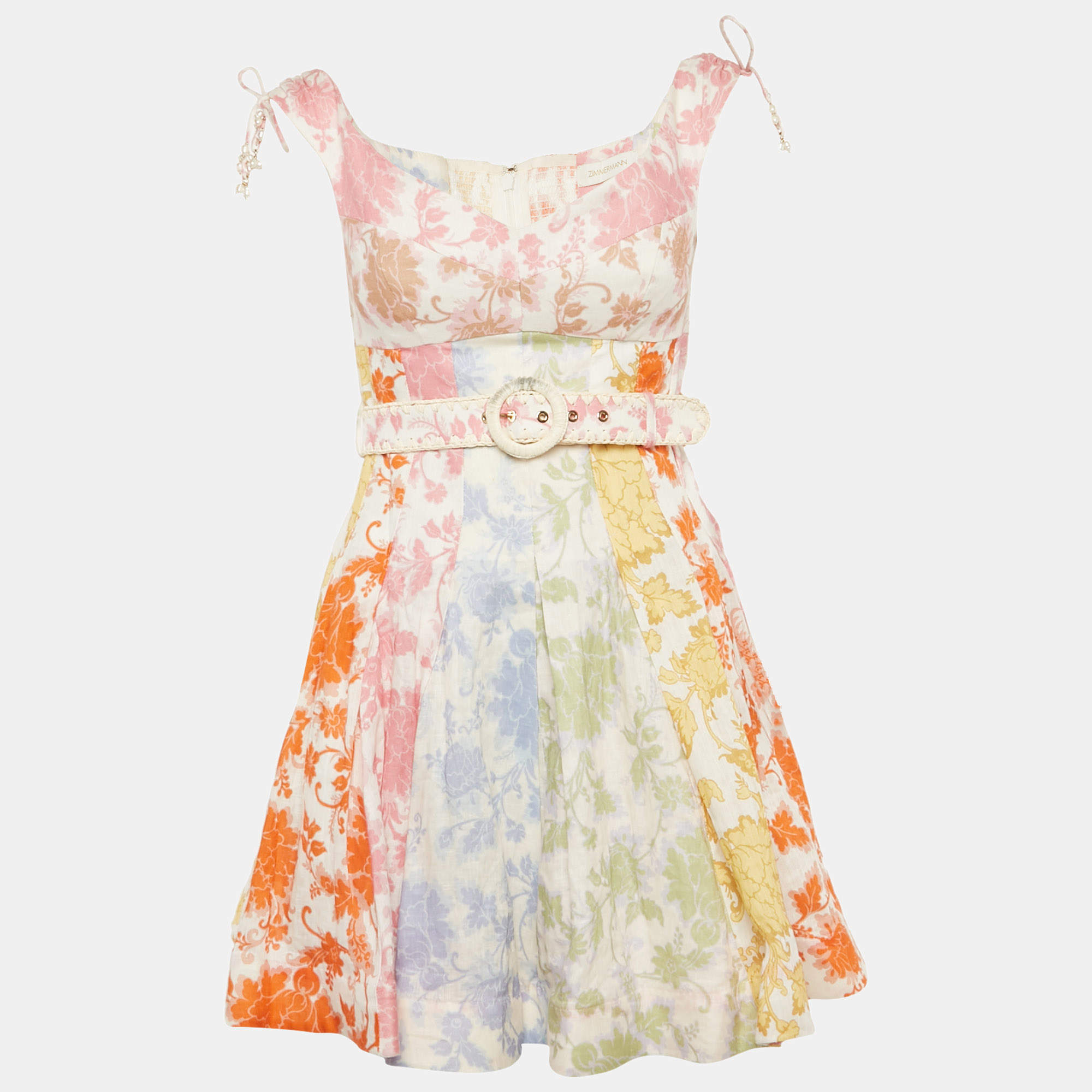 Pre Owned Zimmermann Multicolor Floral Print Linen Postcard Spliced Mini Dress M