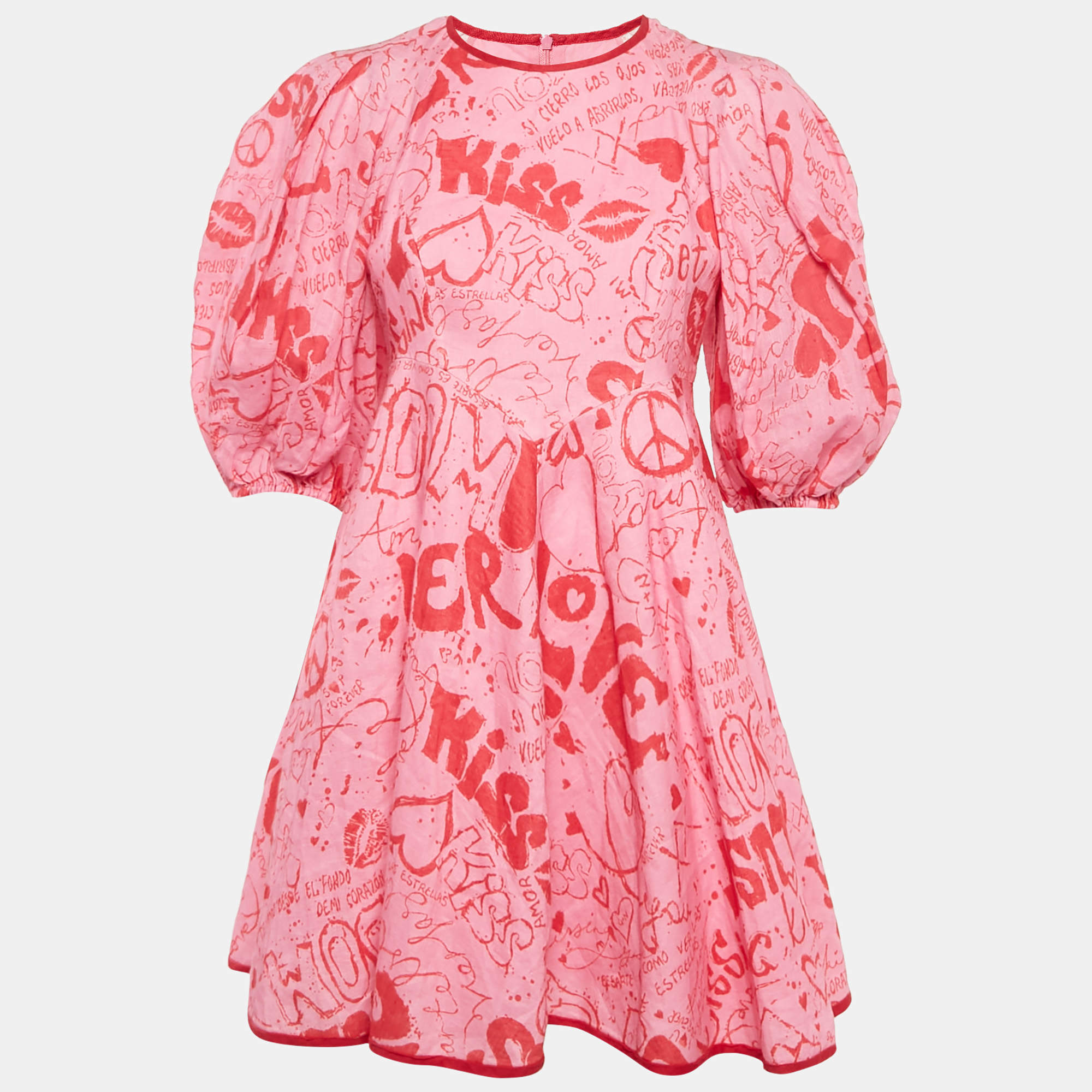 Pre Owned Zimmermann Pink/Red Graffiti Print Linen Day Mini Dress M