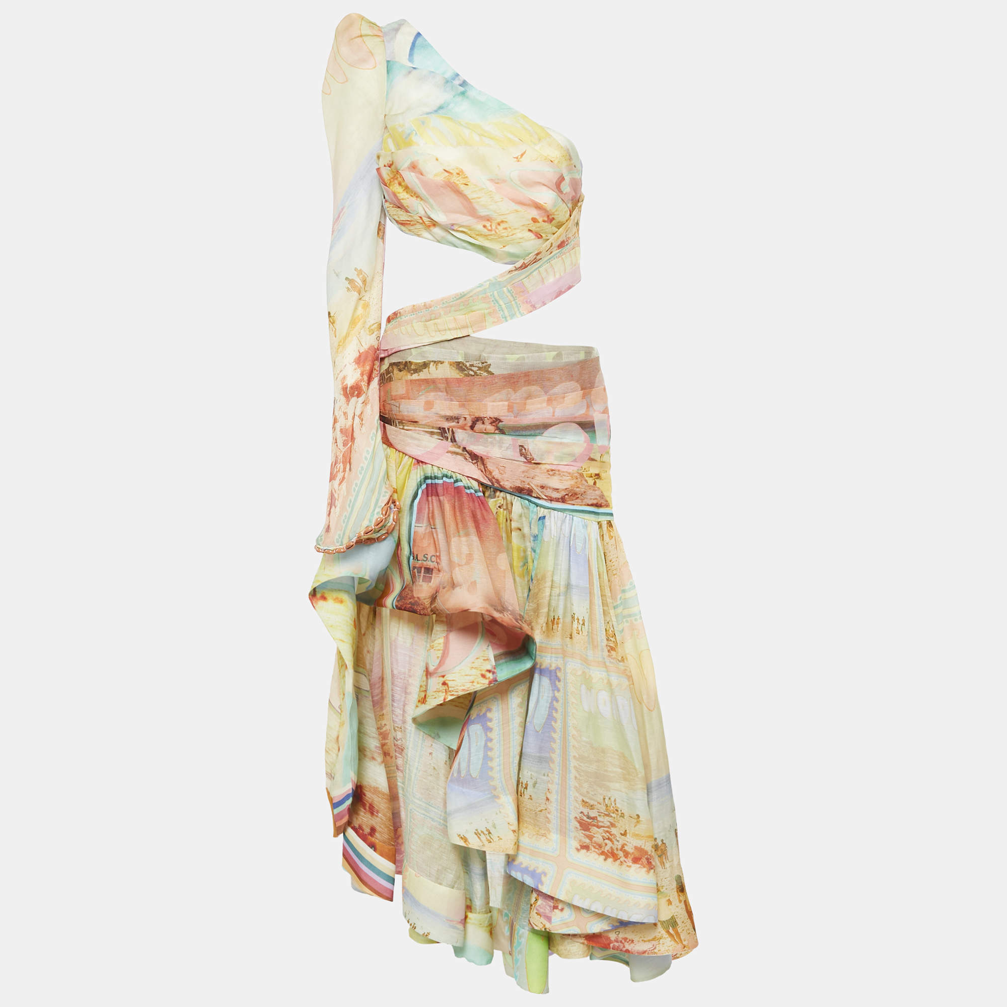 Zimmermann Multicolor Printed Linen and Silk Cut-Out Detail One Shoulder Gown M