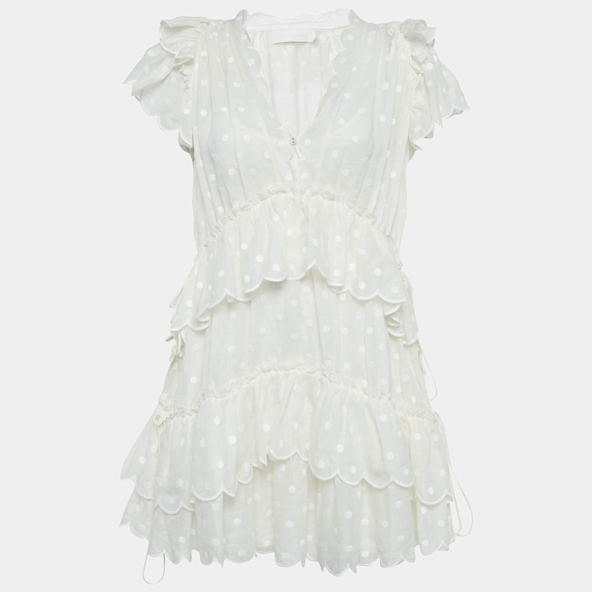 Pre Owned Zimmermann White Polka Dots Embroidered Ramie Tiered Mini Dress S