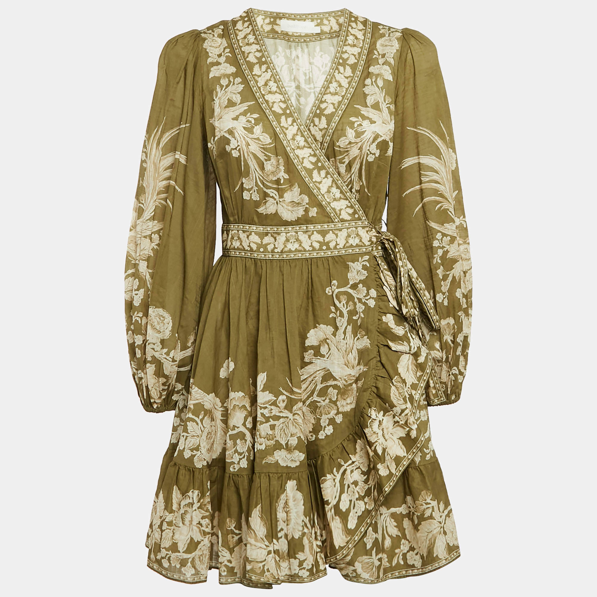 Pre Owned Zimmermann Green Floral Print Cotton Mini Anneke Wrap Dress M