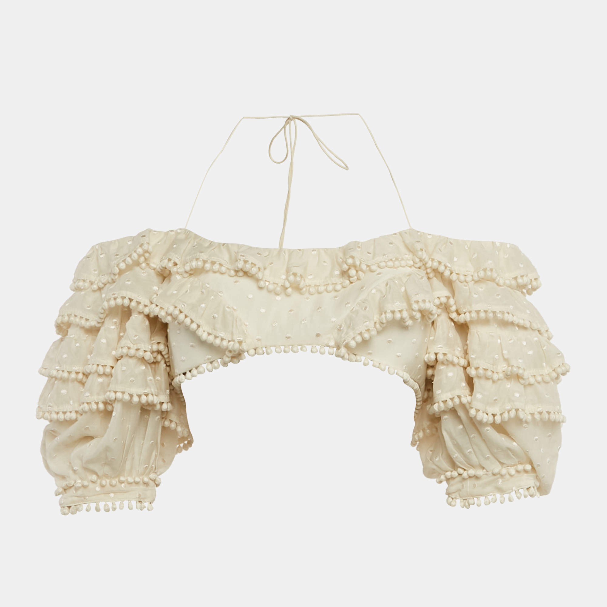 Pre Owned Zimmermann Off White Cotton Blend Ruffled Off Shoulder Crop Top M