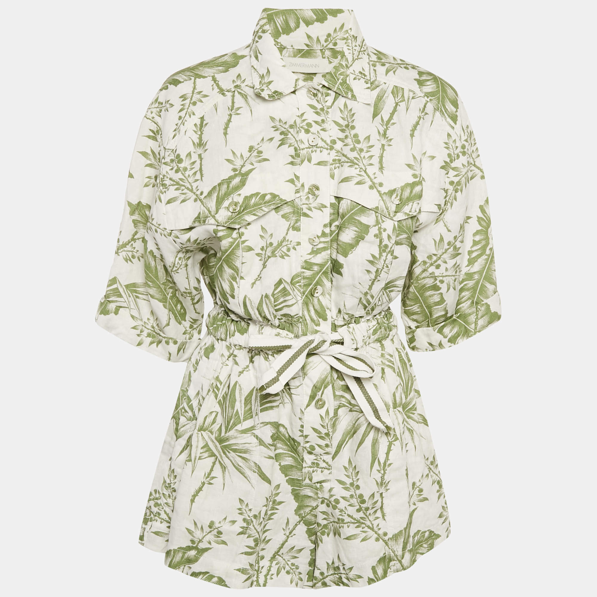 Pre Owned Zimmermann White/Green Leaf Print Linen Empire Playsuit M