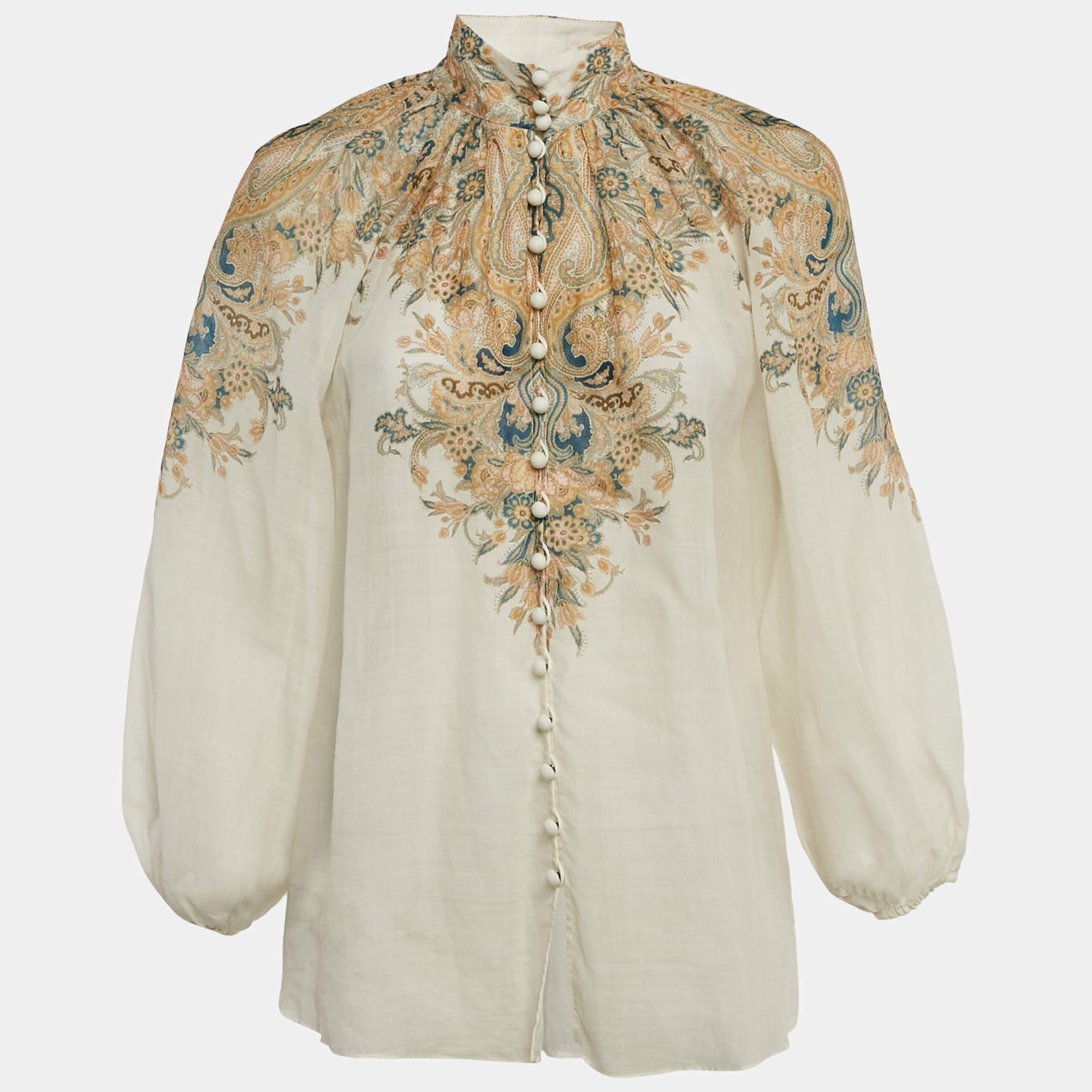 Pre Owned Zimmermann Off White Paisley Print Ramie Long Sleeve Shirt M
