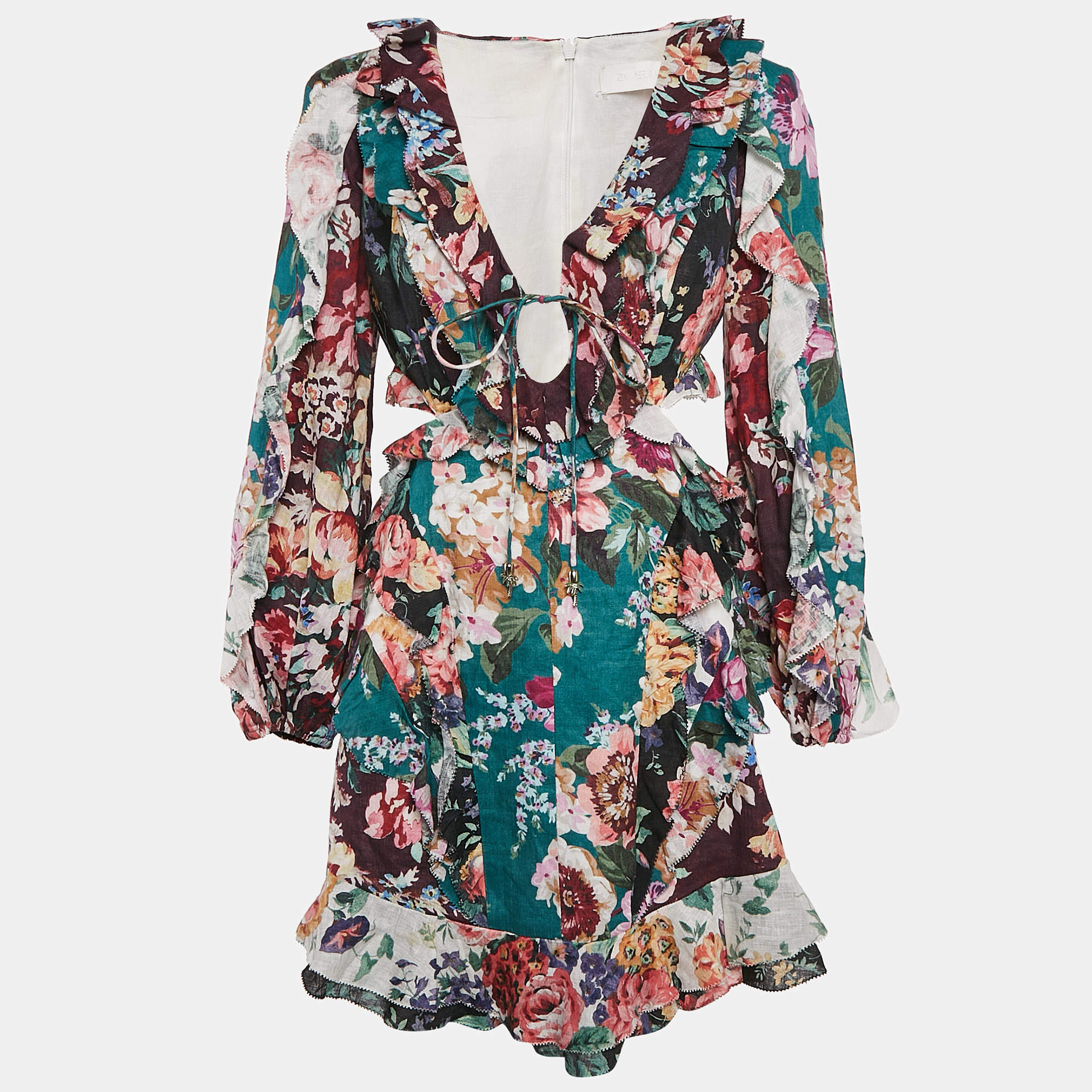 Pre Owned Zimmermann Green/Burgundy Floral-print Linen Cut-Out Allia Mini Dress M