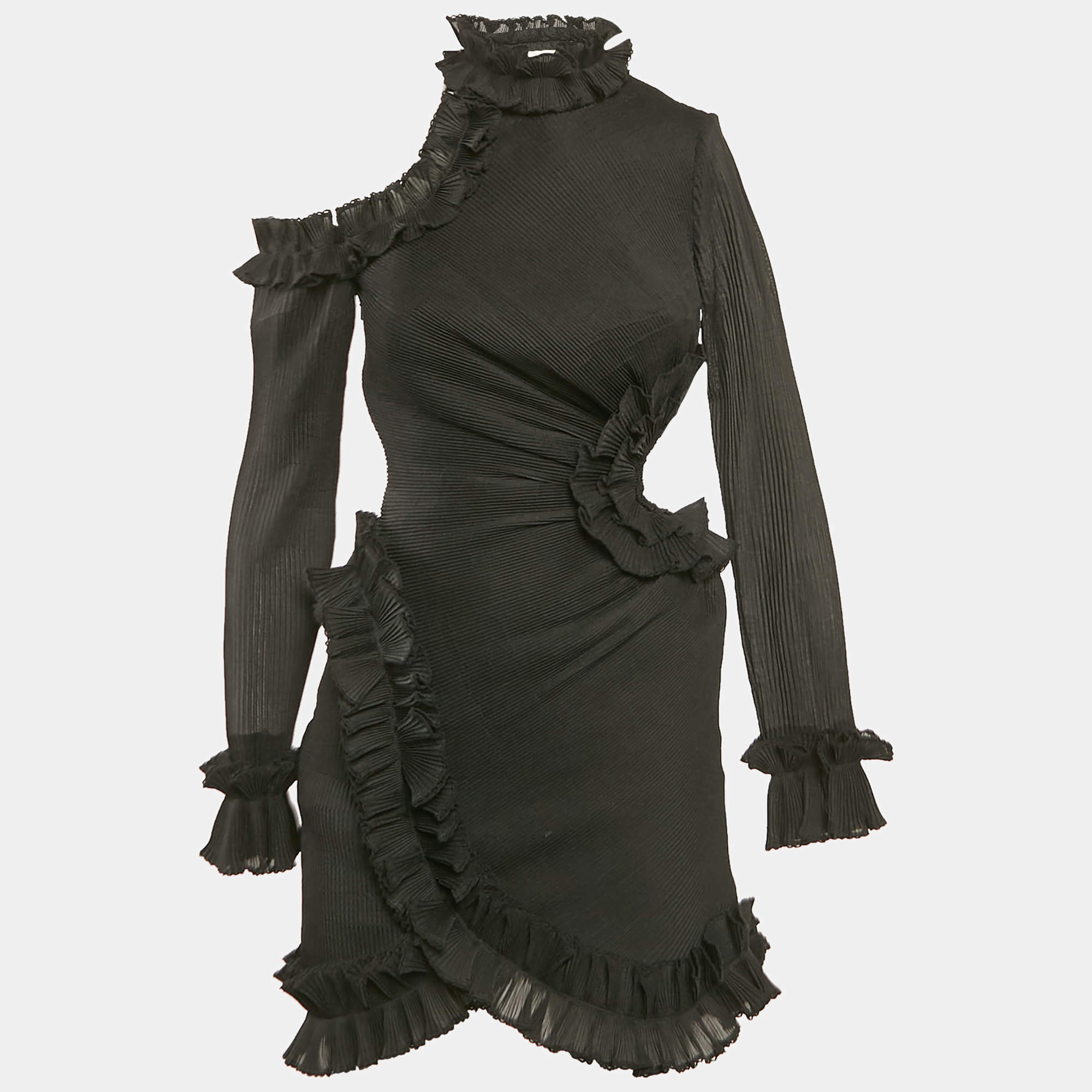 Pre Owned Zimmermann Black Plisse Ruffled Cut-Out Mini Dress XS