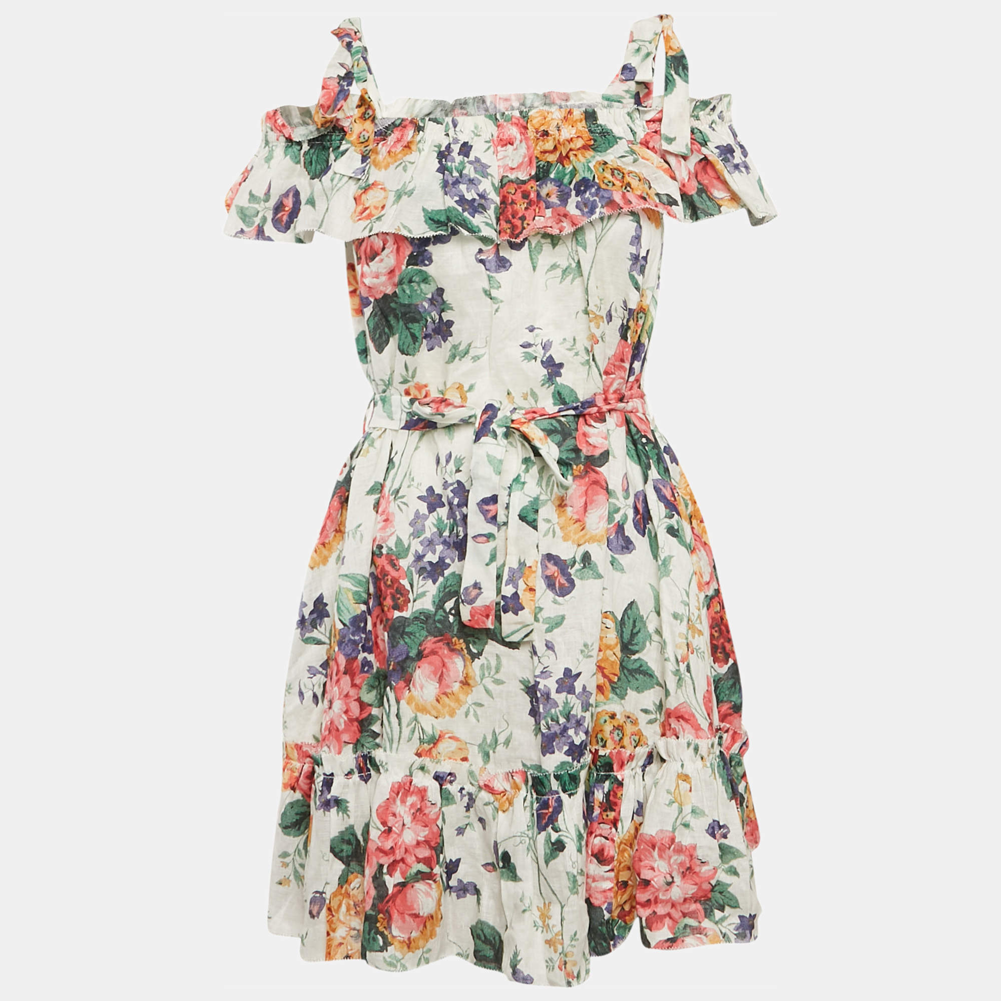 Pre Owned Zimmermann White Floral Print Linen Tie-Up Strap Detail Belted Allia Mini Dress XS