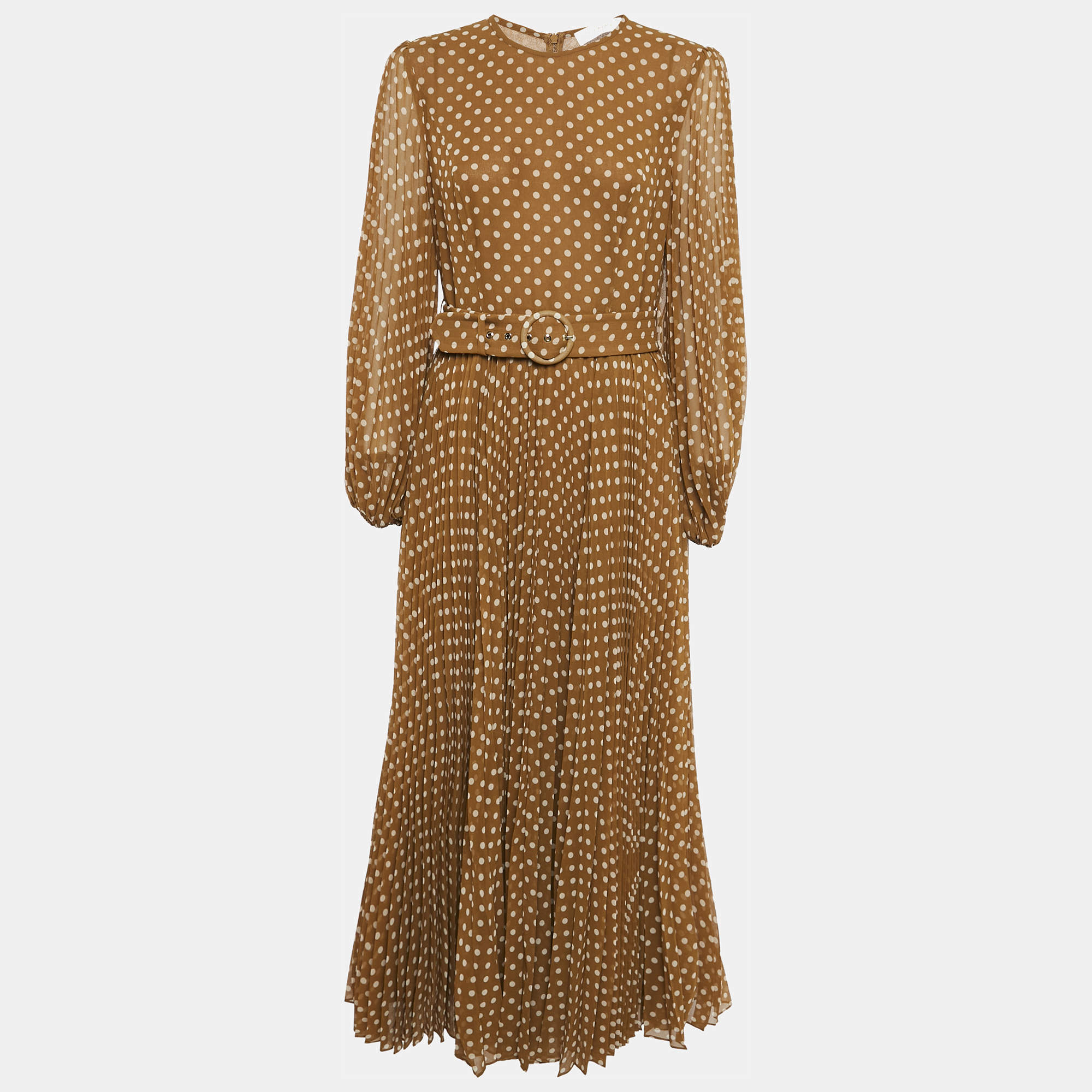 Zimmermann Brown Polka Dot Print Crepe Pleated Long Dress L