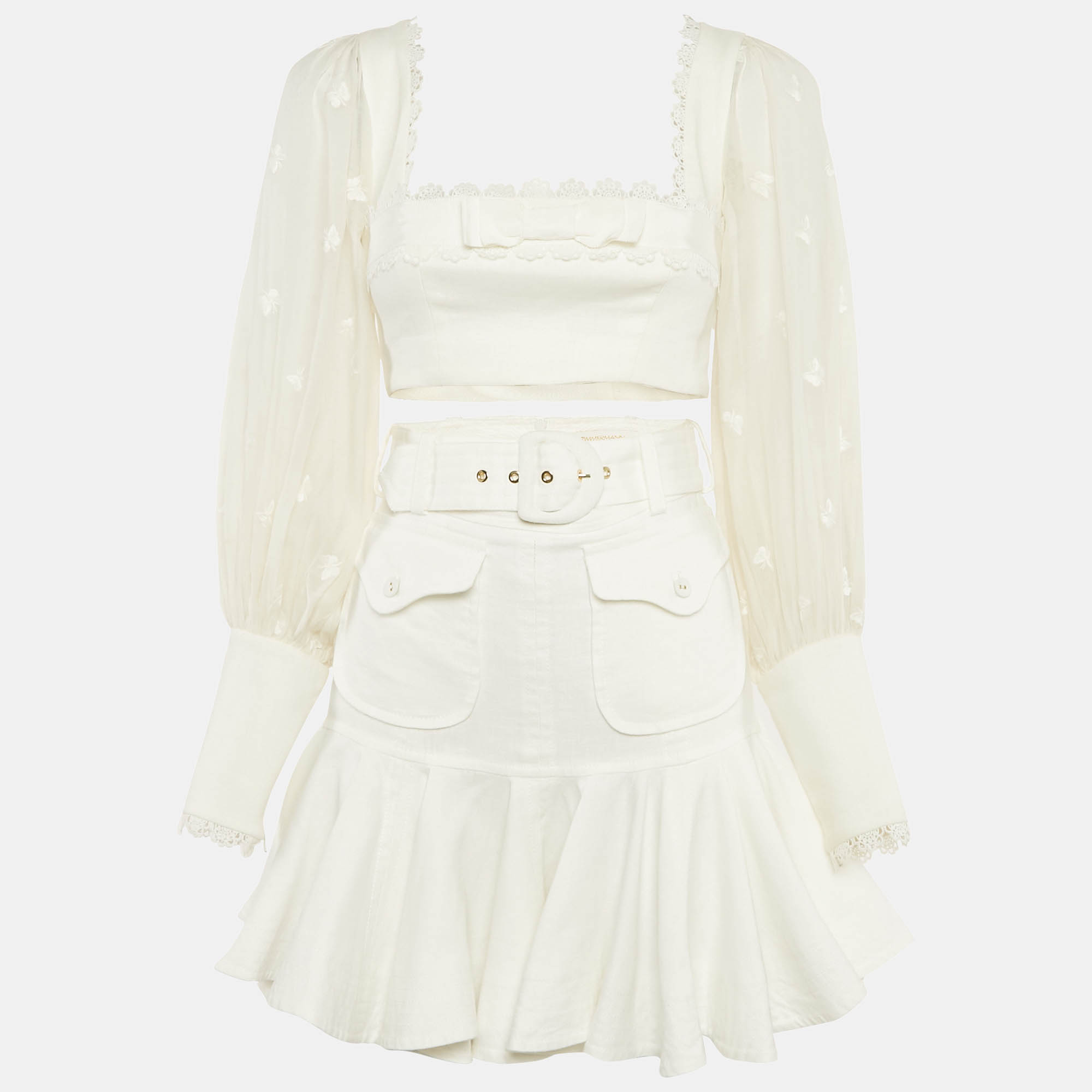 Zimmermann White Linen Lace Insert Top and Skirt Set S
