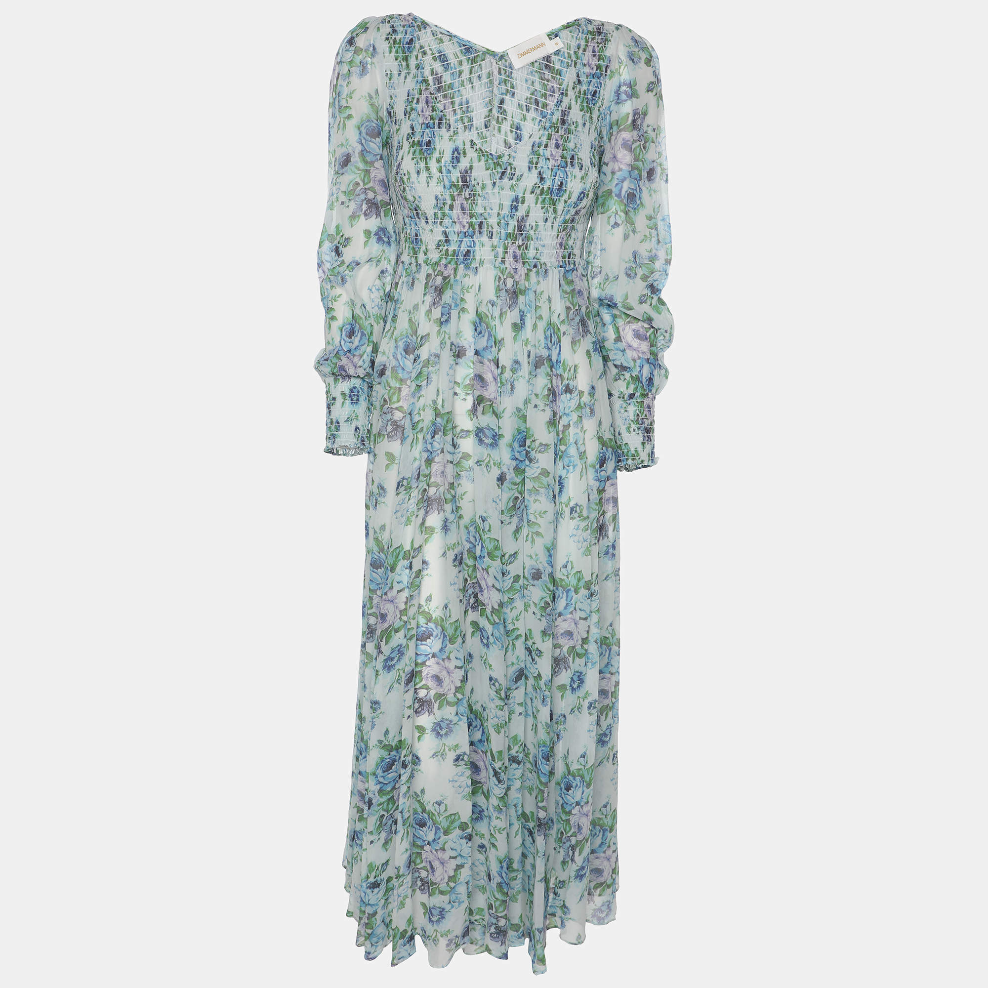 Pre Owned Zimmermann Multicolor Floral Print Silk Shirred Dress XS