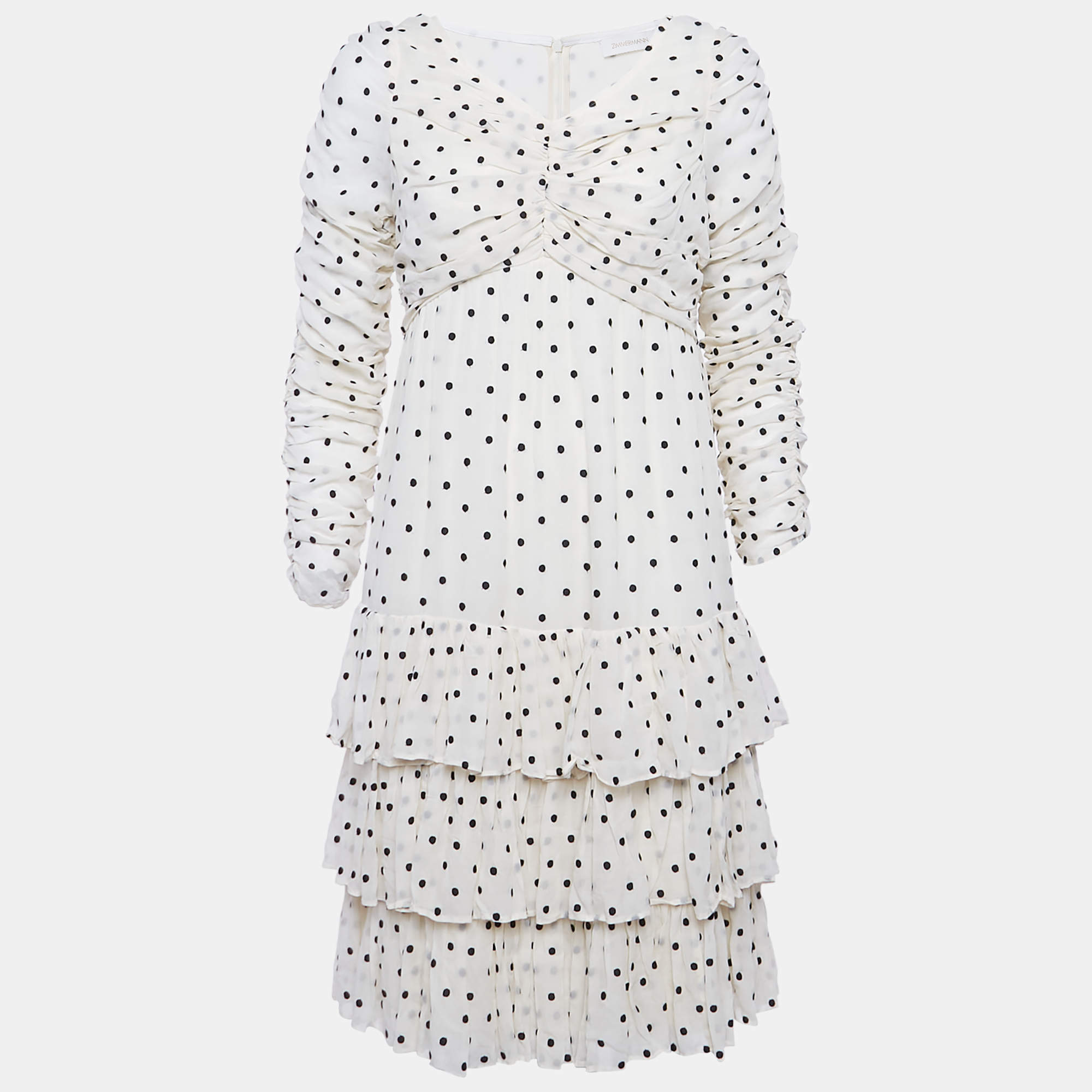 Pre Owned Zimmermann Off-White Swiss Dot Crepe Ruched Short Dress M