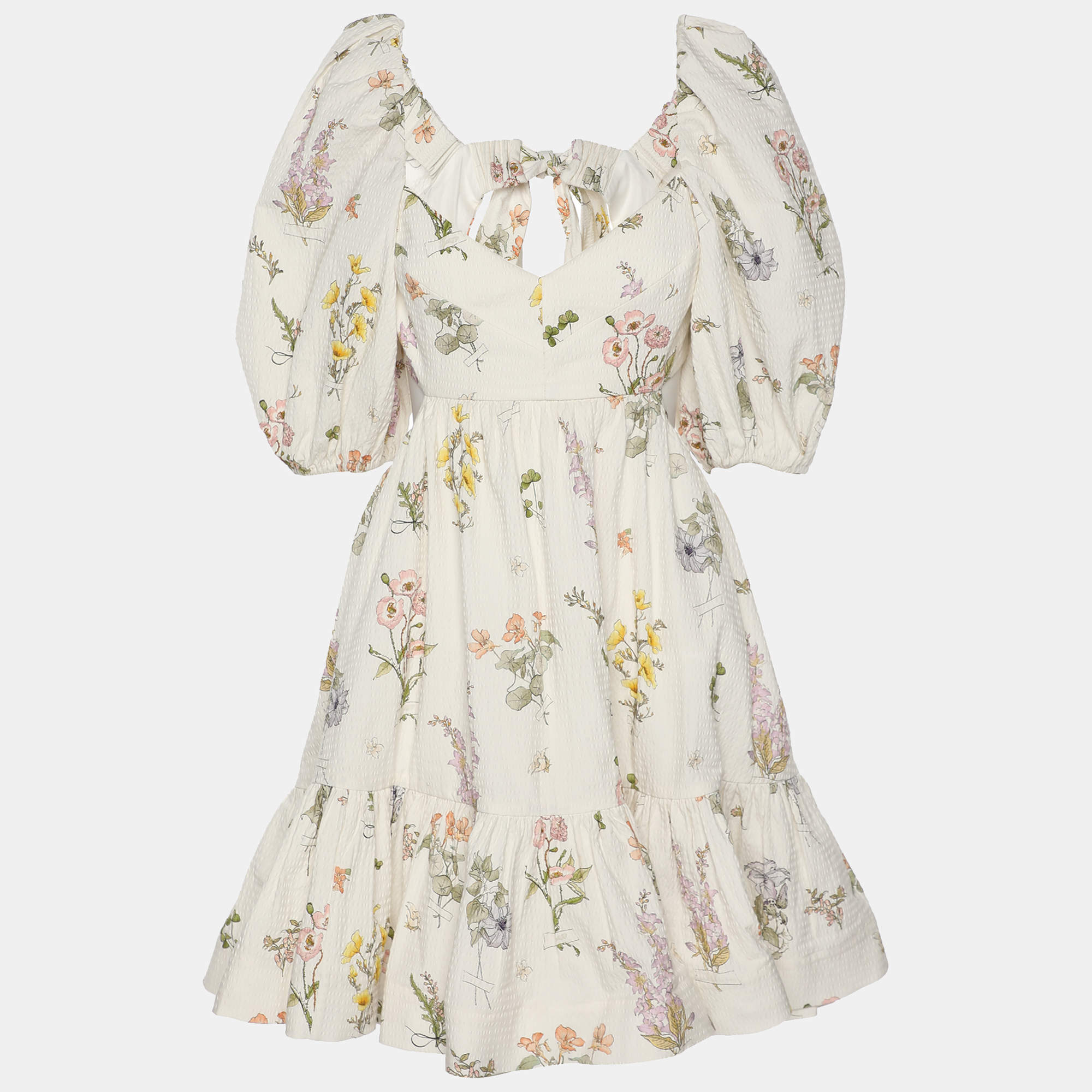 مملوكة مسبقًا Zimmermann White Floral Print Cotton Jeannie Open Back Ruffled Mini Dress M