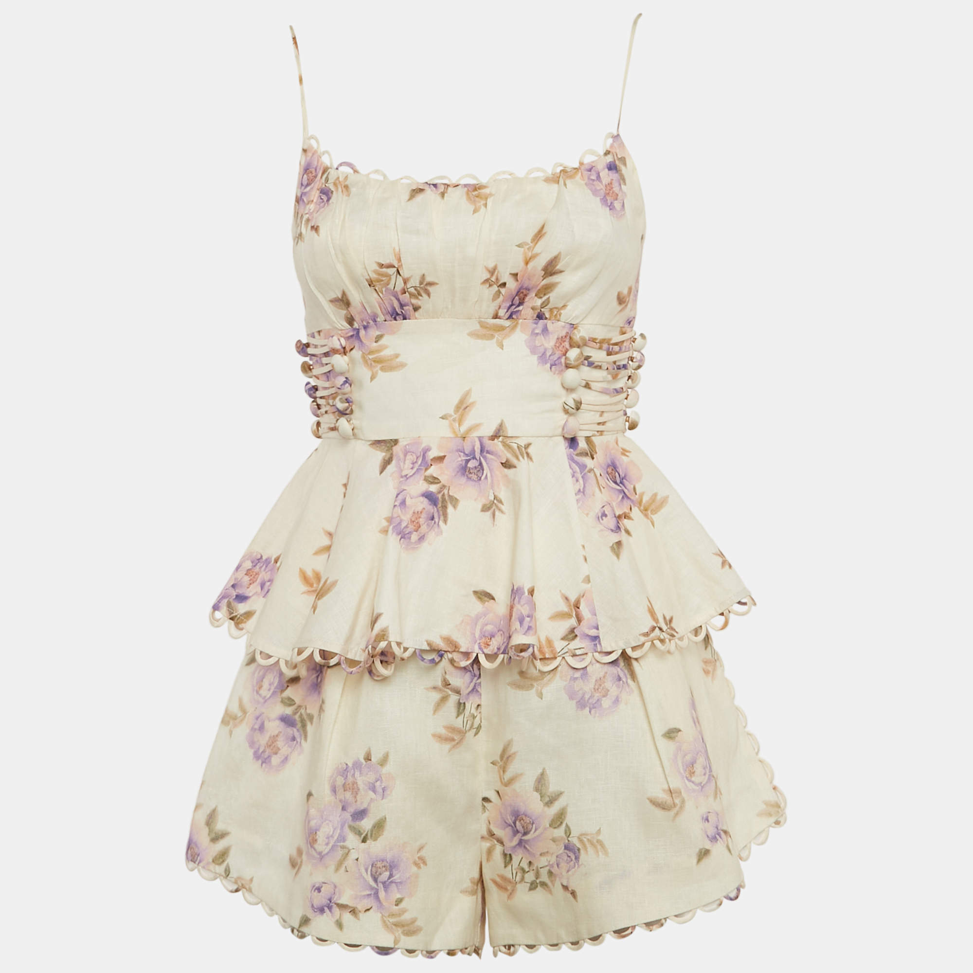 Zimmermann Beige Floral Print Linen Shorts and Top Set XS