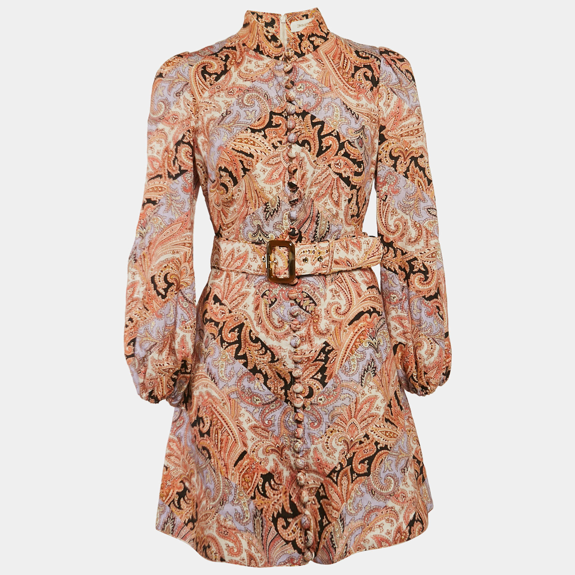 Pre Owned Zimmermann Brown Paisley Print Linen Belted Mini Dress M