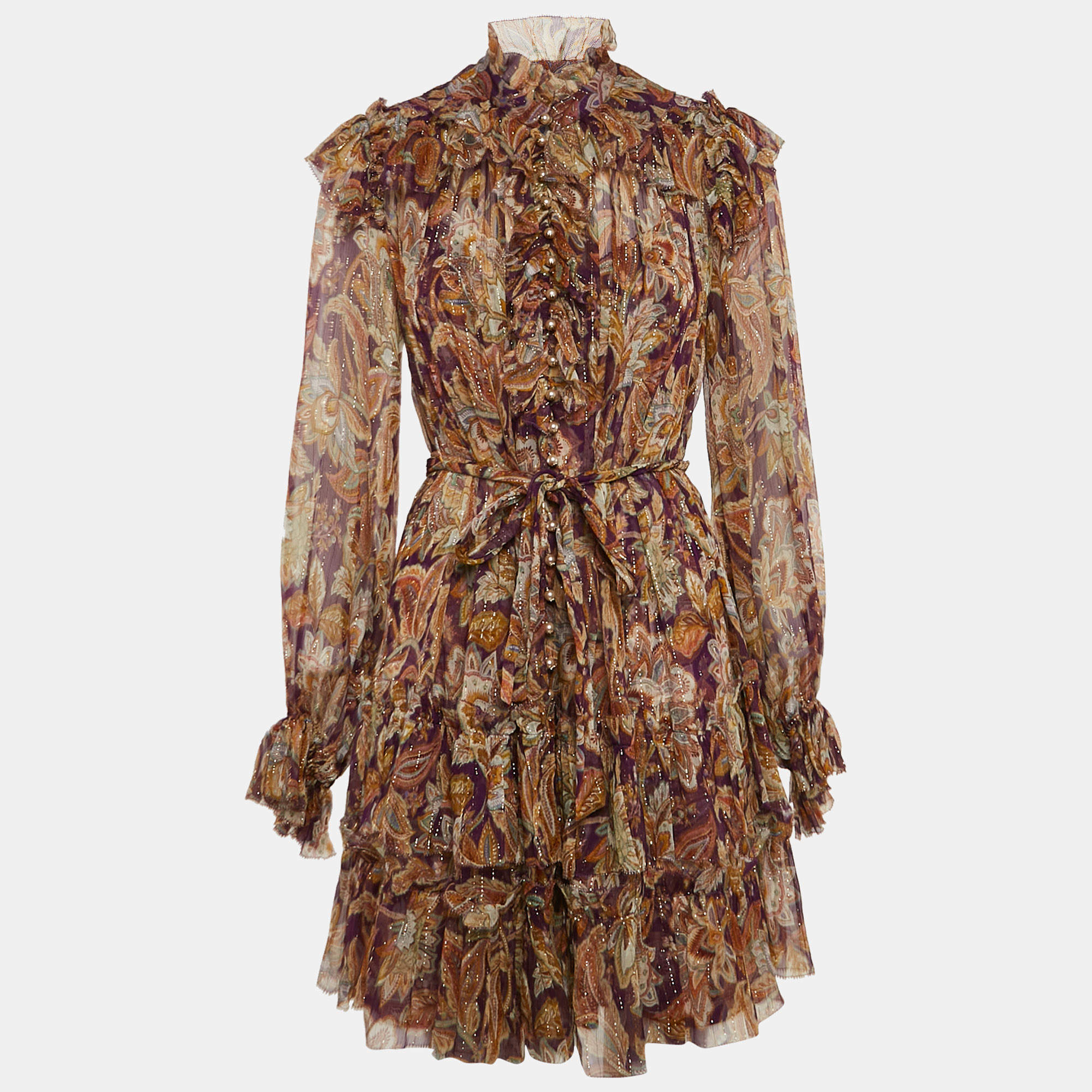 Pre Owned Zimmermann Purple Paisley Print Silk Ladybeetle Ruffled Mini Dress M