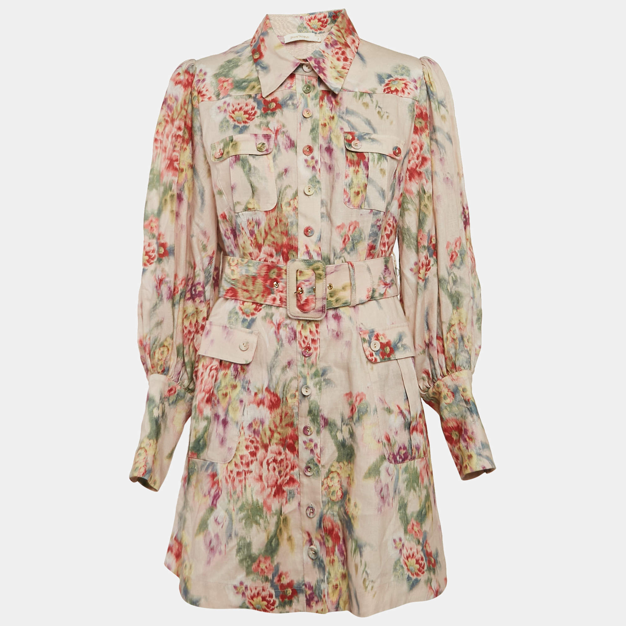 Zimmermann Pink Wavelength Print Linen Belted Mini Dress L
