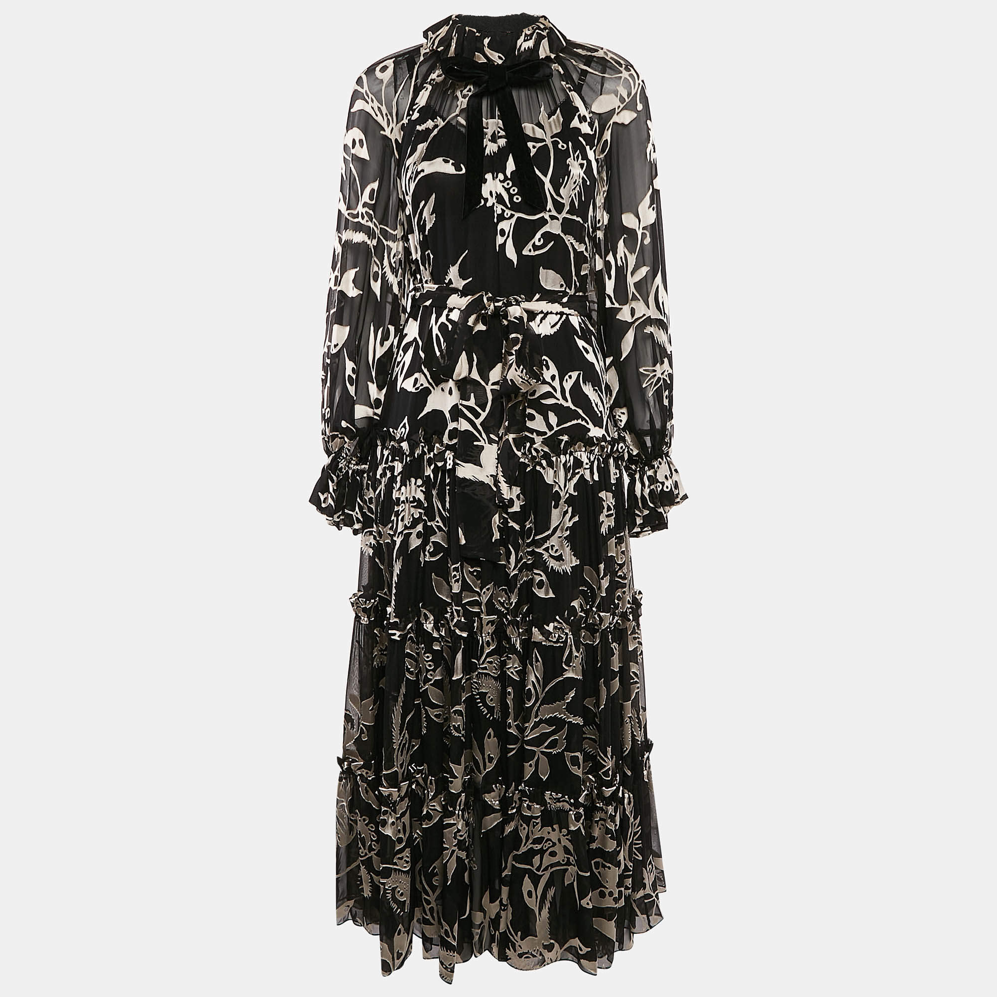 Pre Owned Zimmermann Black Silk Blend Jacquard Tiered Ladybeetle Swing Maxi Dress XS